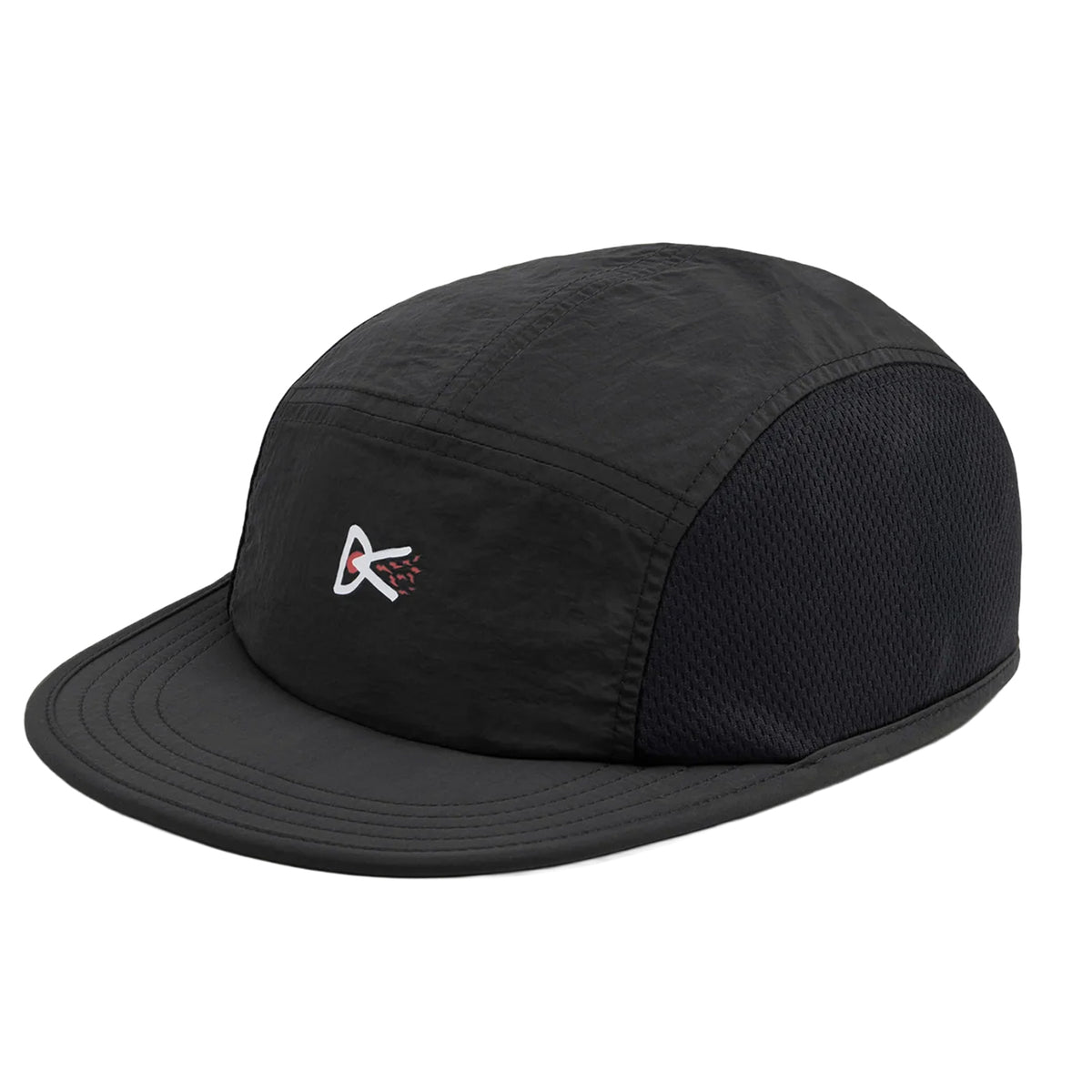 Black District Vision Nylon Paneled Mesh Hat featuring a five-panel featherweight design with a white and red logo on the front.