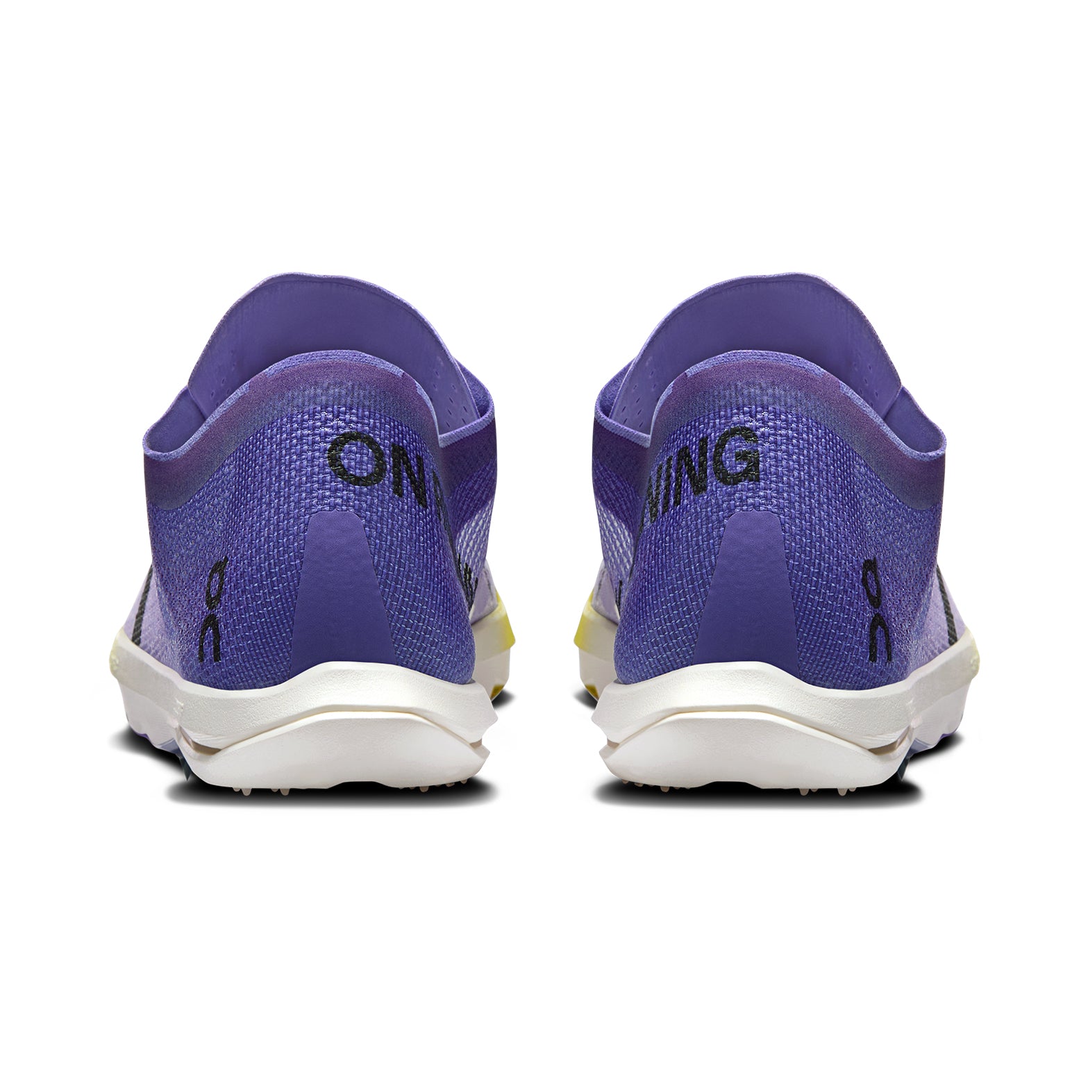 On Men's Cloudspike Citius 2 Track Spikes Purple Yellow heel view showing CloudTec cushioning, Helion HF hyper foam and race-legal 20mm stack height