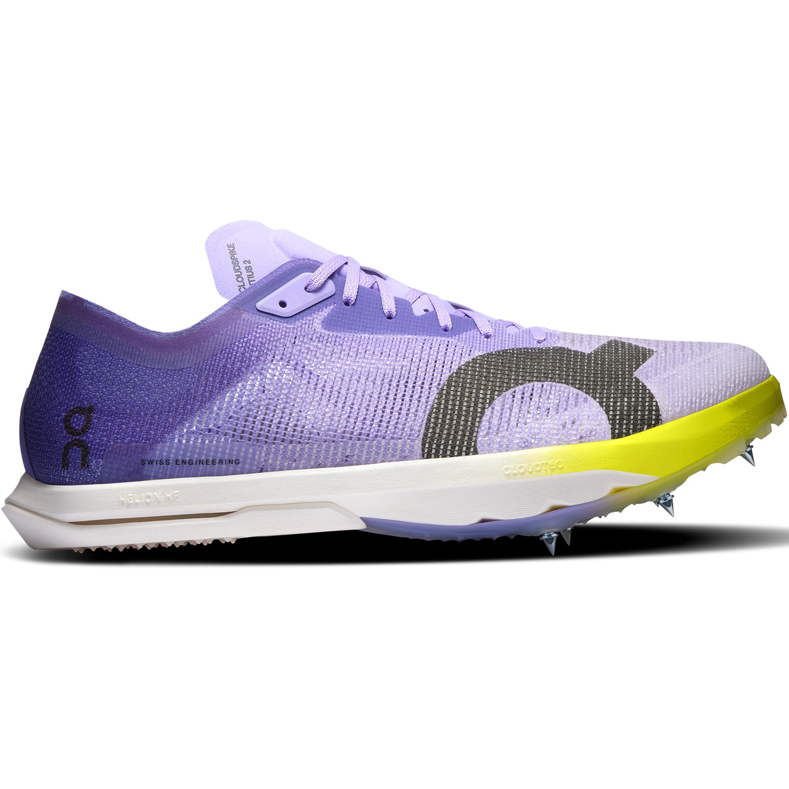 On Men's Cloudspike Citius 2 Track Spikes Purple Yellow outer side view showing CloudTec cushioning system with Helion HF hyper foam and 20mm optimised stack height
