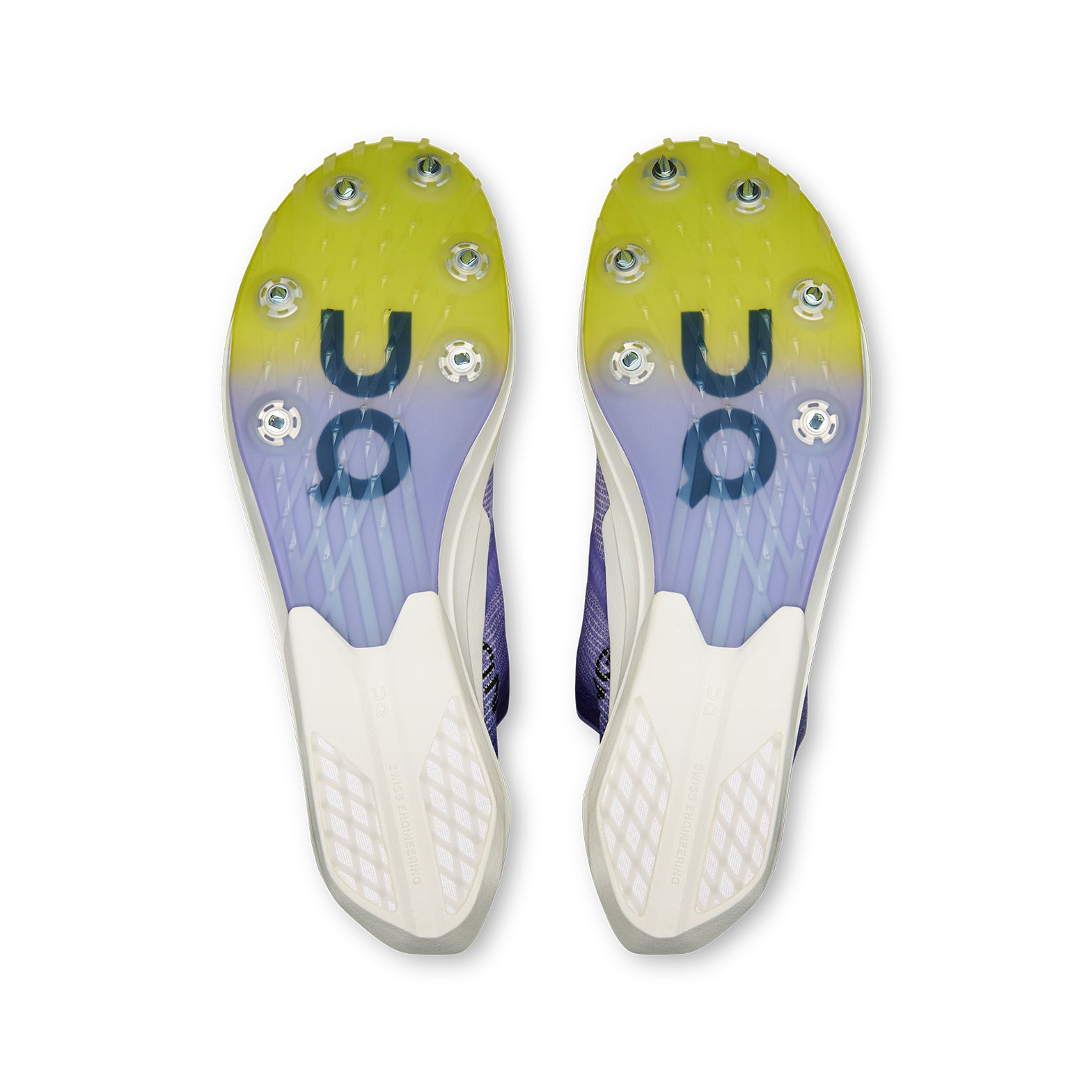 On Men's Cloudspike Citius 2 Track Spikes Purple Yellow sole view displaying six spikes with strategically placed grip and CloudTec cushioning system