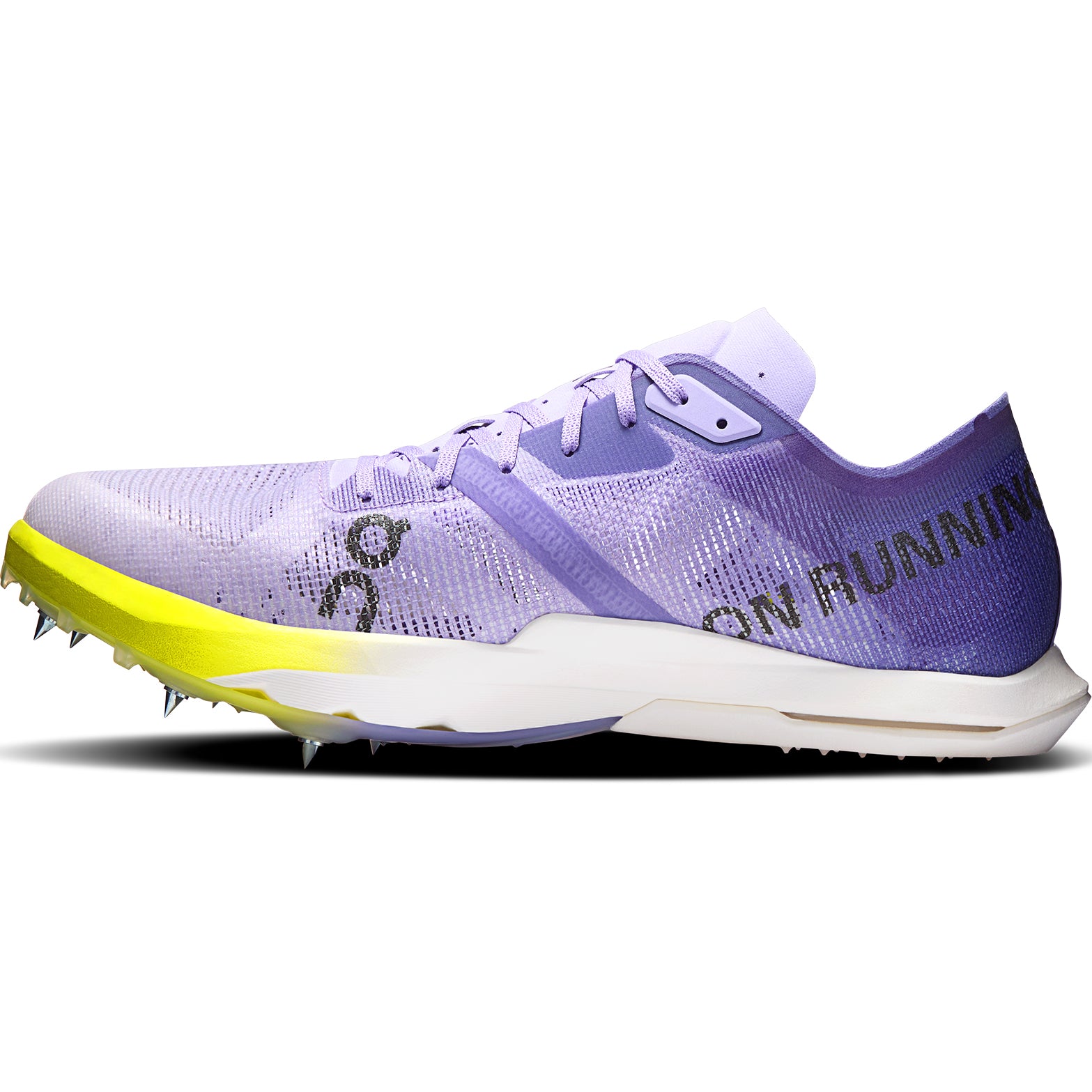 On Men's Cloudspike Citius 2 Track Spikes Purple Yellow inner side view showing CloudTec cushioning, nylon-blend Speedboard and cage-like upper construction