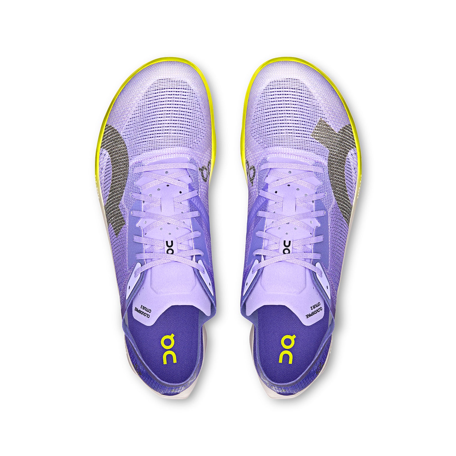 On Men's Cloudspike Citius 2 Track Spikes Purple Yellow top view showing ultralight one-piece mesh upper with breathable construction and secure foot lockdown