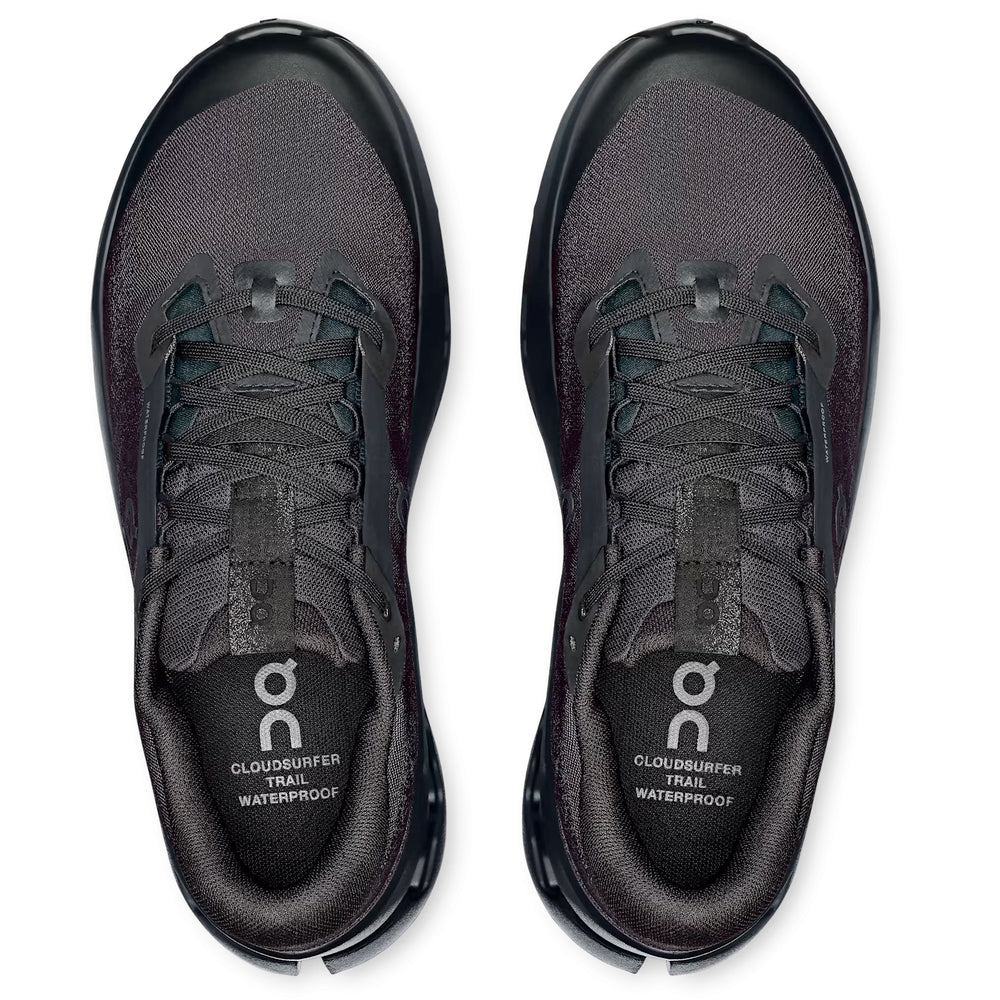 On Women's Cloudsurfer Trail 2 Waterproof Running Shoes Black / Black - achilles heel