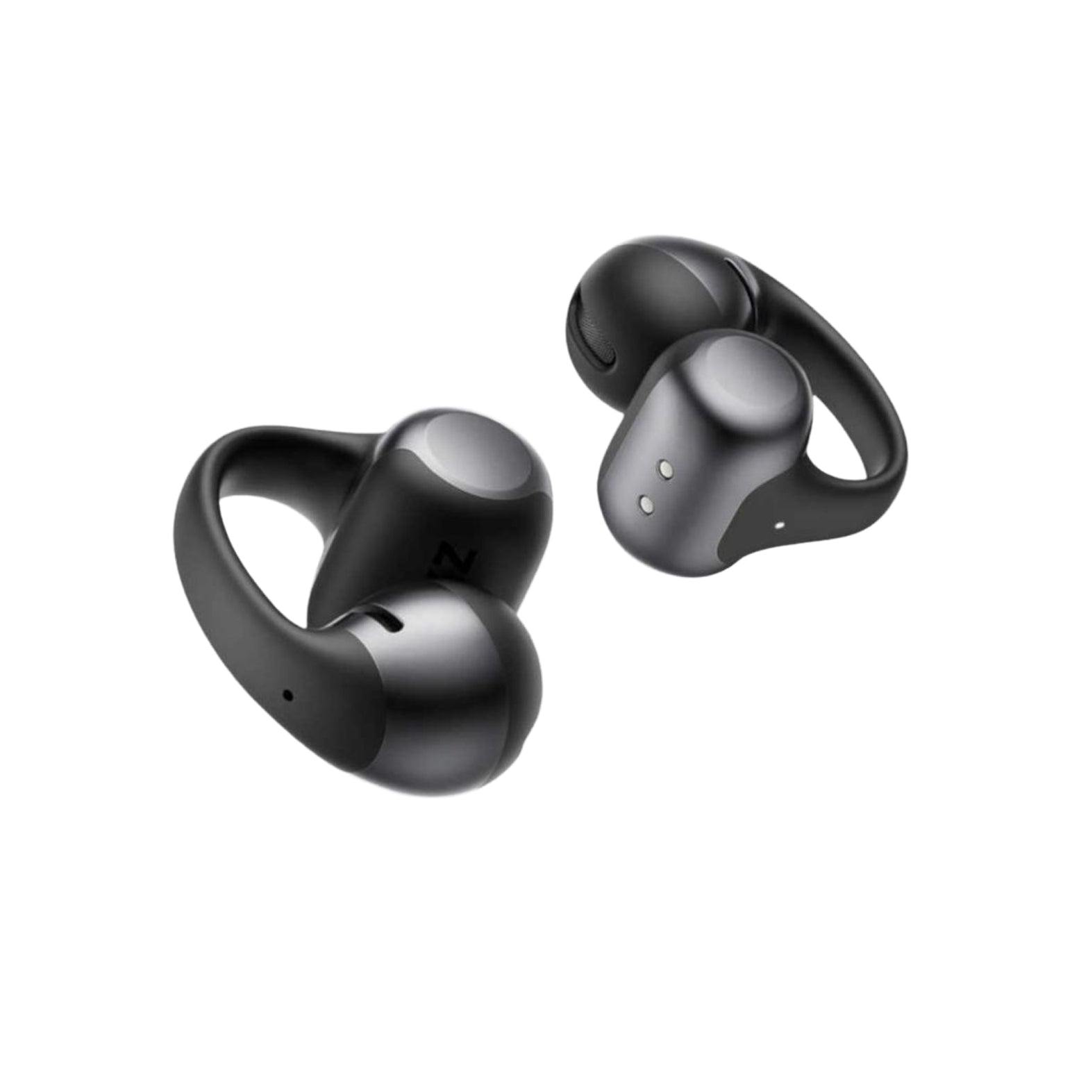 Shokz OpenDots 2 Headphones Black front product view showing dual custom 11.8mm driver open-ear design with JointArc flexible fit system and featherlight 6.4g per earbud construction
