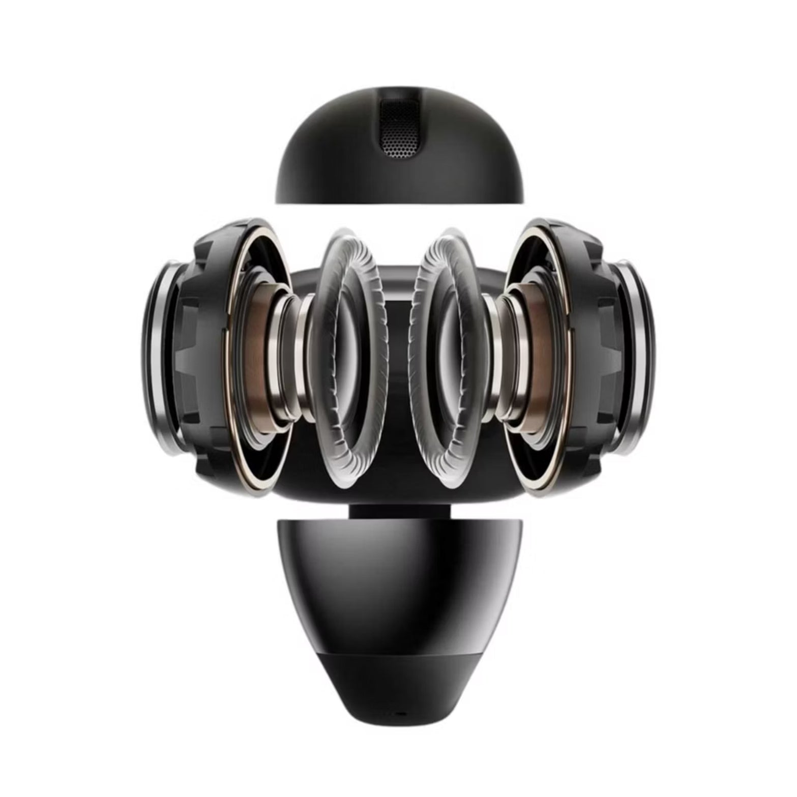 Shokz OpenDots 2 Headphones Black internal technology visualisation showing dual 11.8mm drivers with Bassphere 2.0, MirrorPitch sound direction and triple-mic system for upgraded Dolby Audio and clear call performance