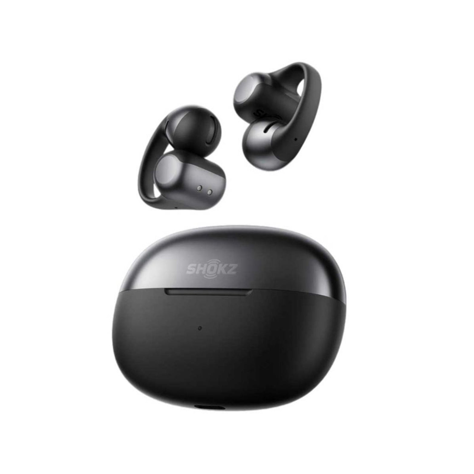 Shokz OpenDots 2 Headphones Black with charging case showing 40 hours total playtime storage with 5-minute fast charge and wireless charging capability