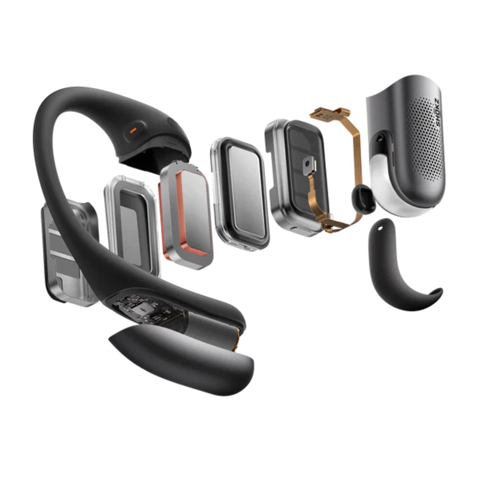 Shokz OpenFit Pro Headphones Black internal technology visualisation showing SuperBoost Technology and DirectPitch 3.0 open-ear audio system with triple-mic configuration for Dolby Atmos sound and AI noise reduction