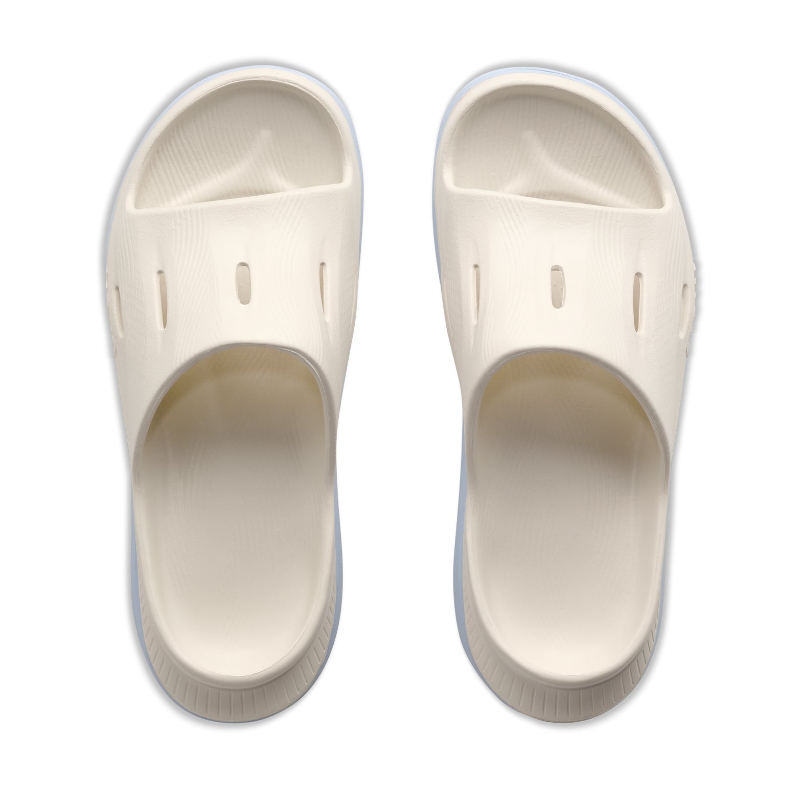 HOKA Ora Recovery Slide 3 Alabaster Ambient Blue top view showing four ventilated air flow channels with sugarcane EVA footbed for breathable sustainable post-run recovery