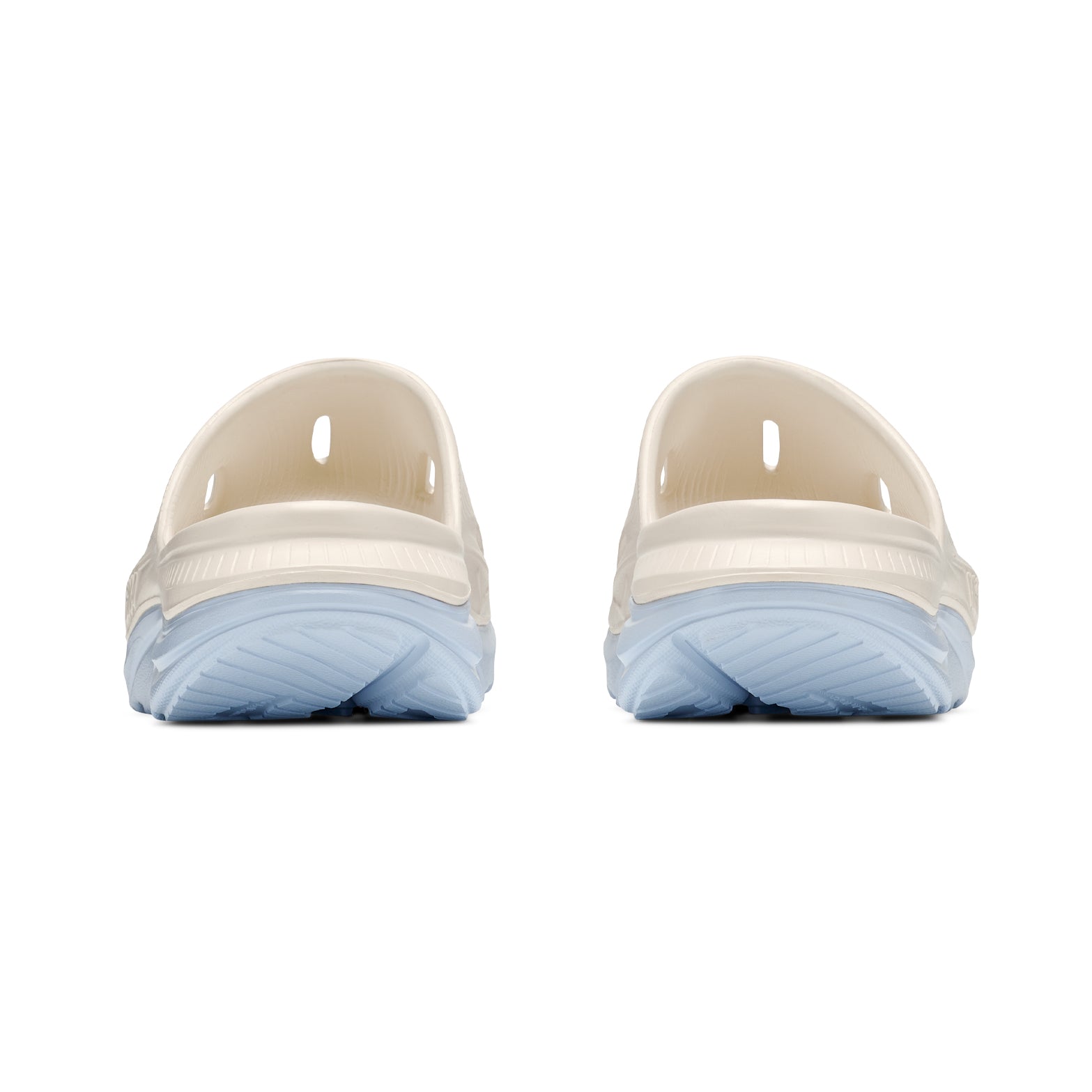 HOKA Ora Recovery Slide 3 Alabaster Ambient Blue heel view showing dual-density geometry with 6mm drop and injection-moulded sugarcane EVA midsole for supported comfortable recovery