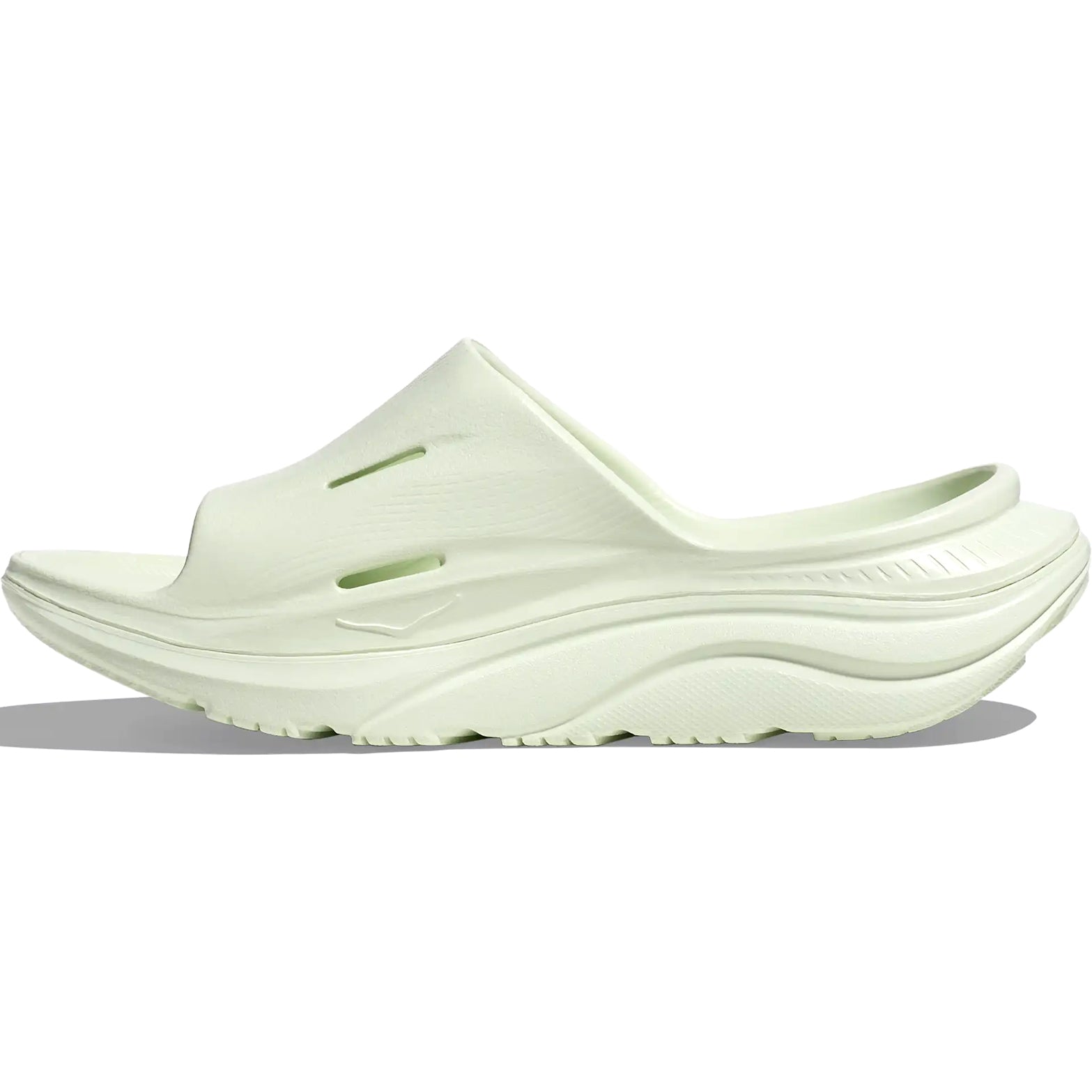 HOKA Ora Recovery Slide 3 in Sea Glass / Sea Glass — inner view showing sea glass footbed construction, ventilated air flow channels and dual-density sugarcane EVA midsole
