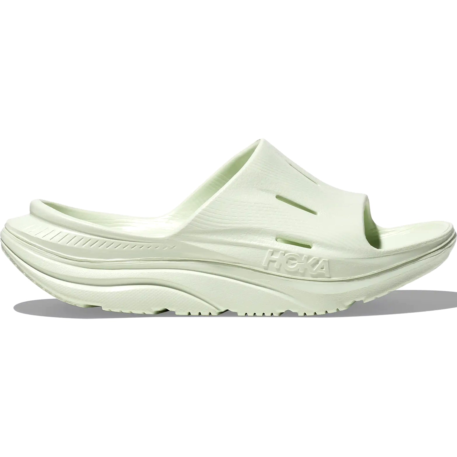HOKA Ora Recovery Slide 3 in Sea Glass / Sea Glass — outer view showing sea glass dual-density upper strap and sugarcane EVA midsole profile with ventilated air flow channels