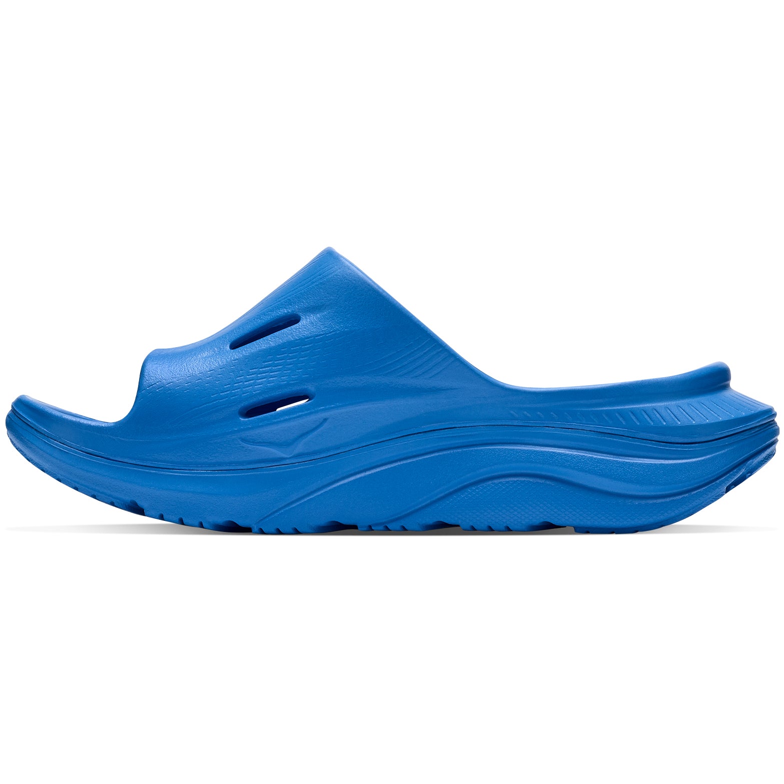 HOKA Ora Recovery Slide 3 Virtual Blue Virtual Blue inner side view showing four ventilated air flow channels with dual-density cushioning for superior breathability and foot-cradling comfort