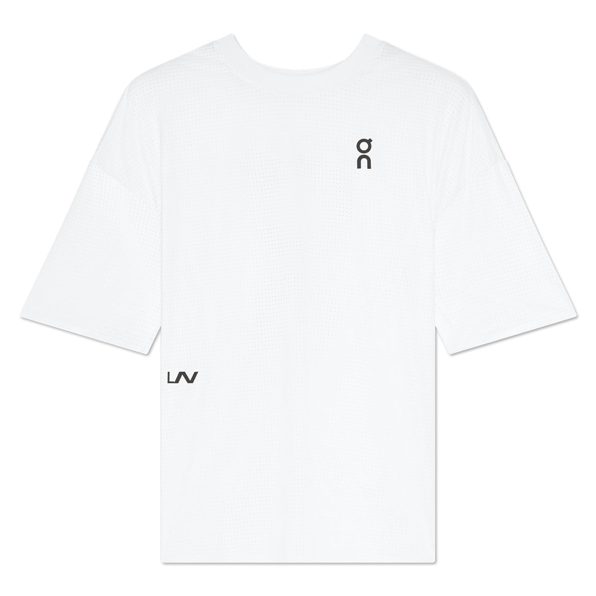 The Oversize Run-T LN1 White from On is an ultra-light, breathable white short-sleeve athletic T-shirt, featuring a small black “on” logo on the left chest and an LV logo near the bottom right side. This plain oversized running tee from Lane 1 Collective offers a minimalist style and exceptional comfort with its pattern-free design.