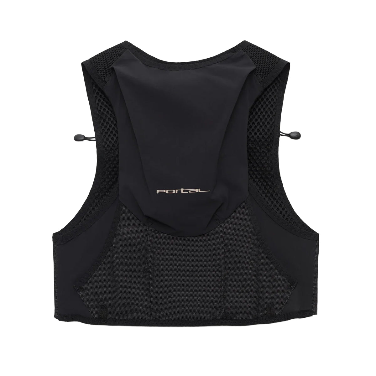 Passage Cargo Vest Black Beauty by Portal: a black athletic hydration vest featuring mesh sides, adjustable side cords, and the word “Portal” on the back. Its sleek, minimalist design makes it an ideal lightweight trail running pack for running or outdoor activities.