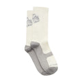 Introducing the Portal Pattern Active Socks in Bone White—a pair of lightweight synthetic socks designed for active use. Featuring gray soles and toes, these socks display a subtle gray floral pattern near the top. Engineered for excellent moisture control, they keep your feet comfortable throughout the day.