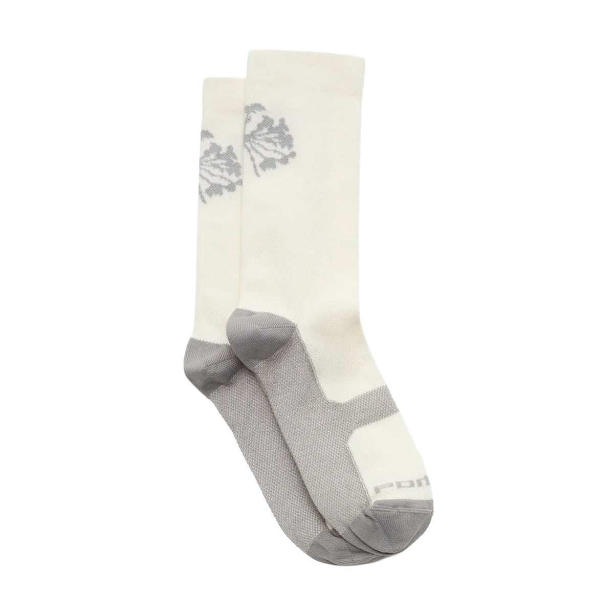 Introducing the Portal Pattern Active Socks in Bone White—a pair of lightweight synthetic socks designed for active use. Featuring gray soles and toes, these socks display a subtle gray floral pattern near the top. Engineered for excellent moisture control, they keep your feet comfortable throughout the day.