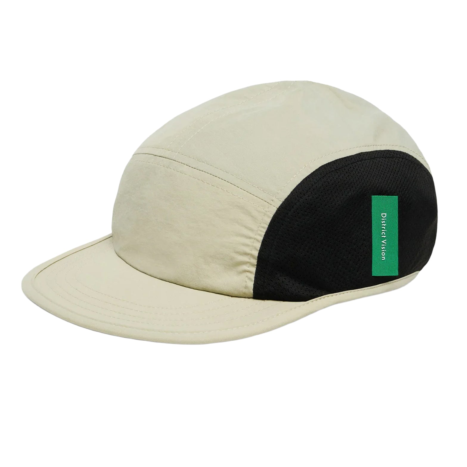 District Vision Performance Panelled Mesh Hat in Sand — front product shot showing 3-inch brim, recycled water-resistant shell construction and honeycomb mesh panel detail in sand colourway