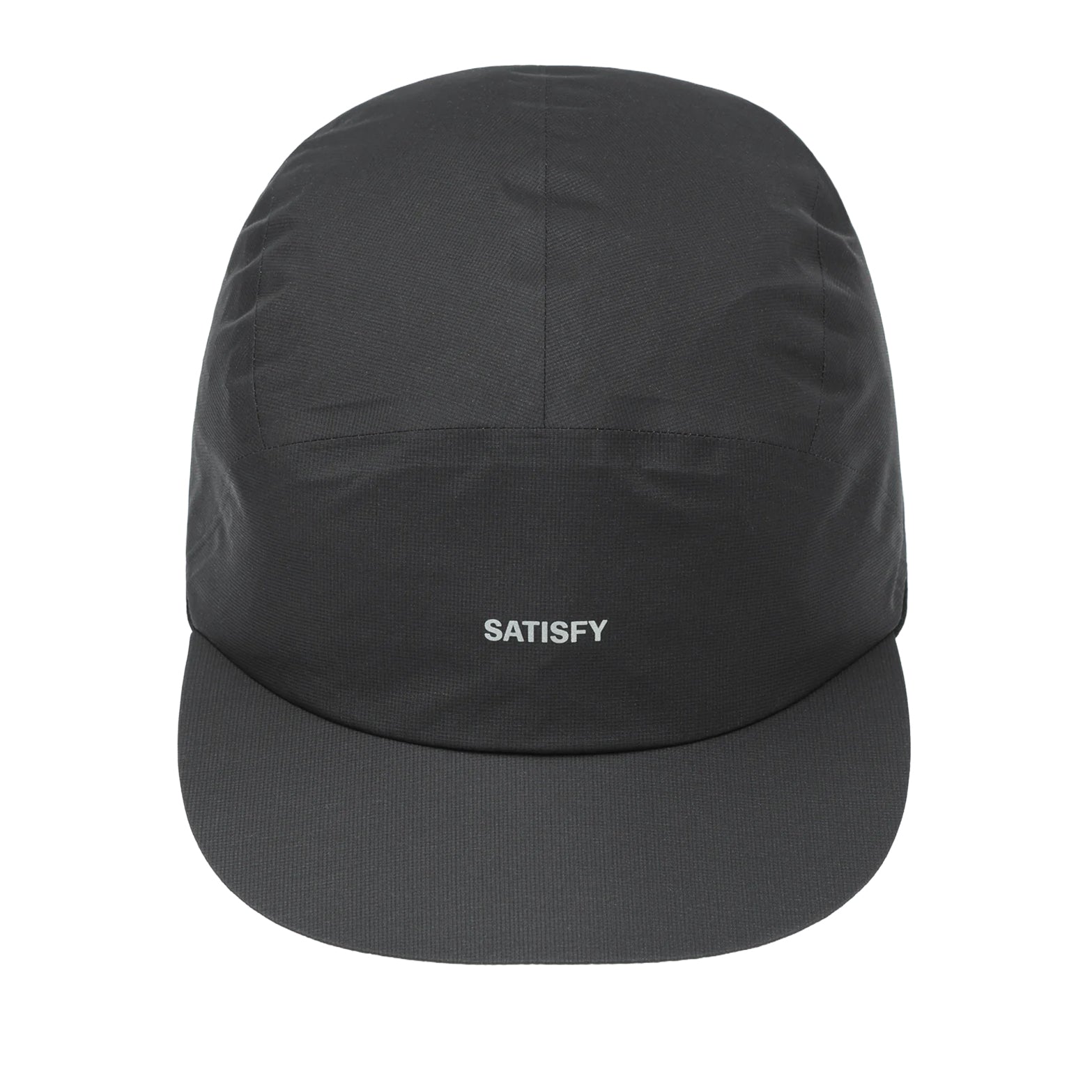 Satisfy Pertex® 3L Rain Cap in Black — front product shot showing low-profile silhouette, flexible brim, black Pertex® Shield Air nano-ripstop construction and stealth-reflective Satisfy logo