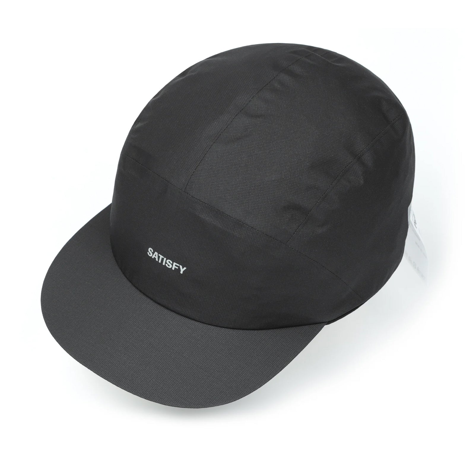 Satisfy Pertex® 3L Rain Cap in Black — side product shot showing flexible brim profile, low-profile silhouette and black Pertex® Shield Air nano-ripstop construction