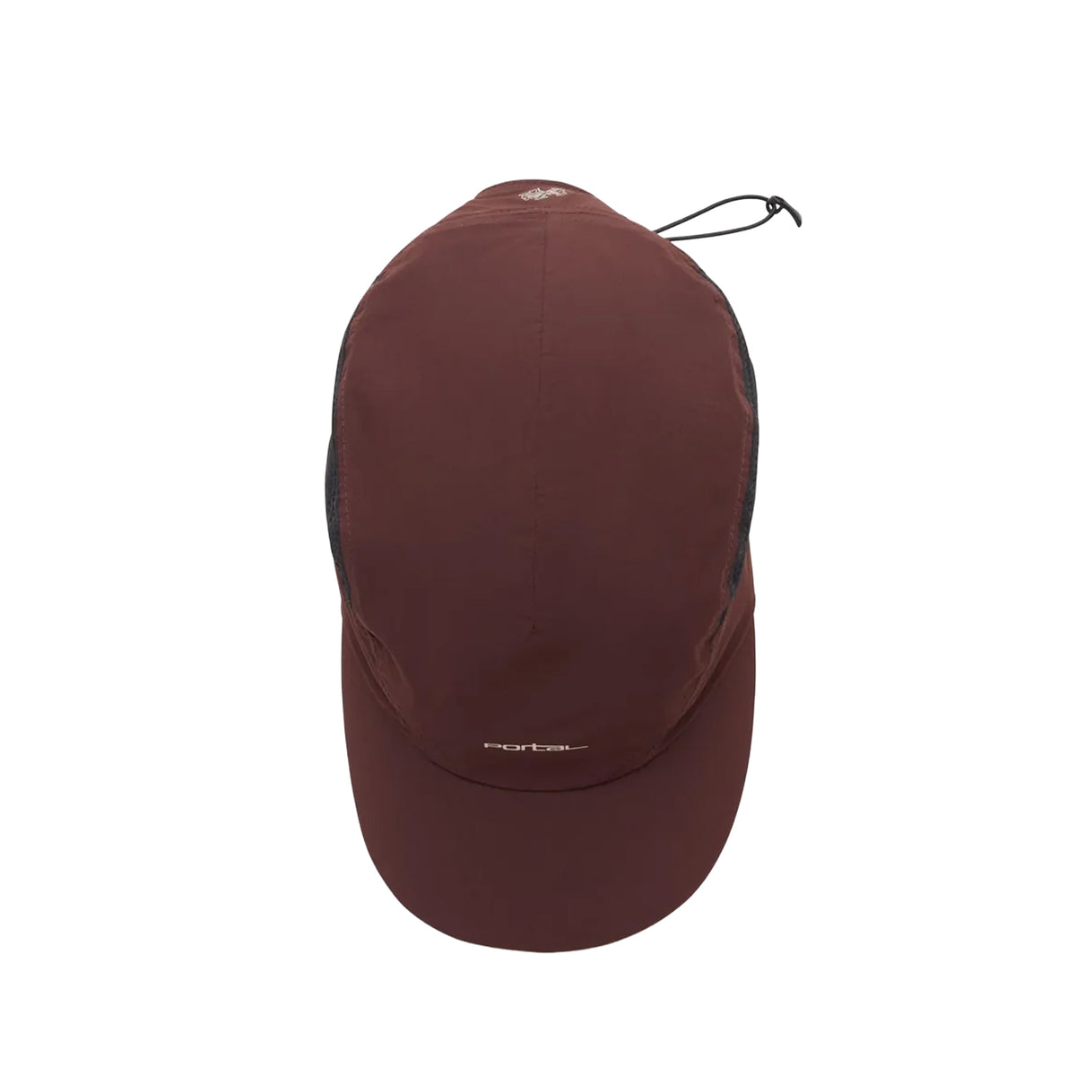 The Planar Lightweight Cap by Portal in Bitter Chocolate is showcased against a white background. This maroon sports cap features a curved brim, mesh side panels for enhanced ventilation, and a subtle logo on the front. Designed for comfort, it is lightweight and breathable, with an adjustable drawstring at the back to ensure a customizable fit.
