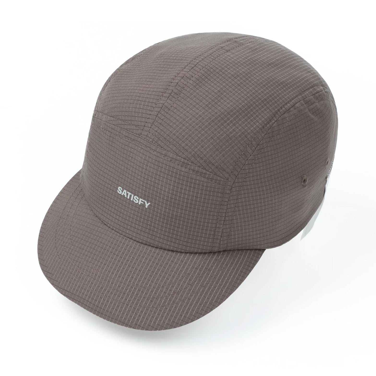 Satisfy Rippy Air Trail Cap Rocky Road side view showing water-repellent fast-drying ripstop with adjustable bungee cord back strap and reflective loops