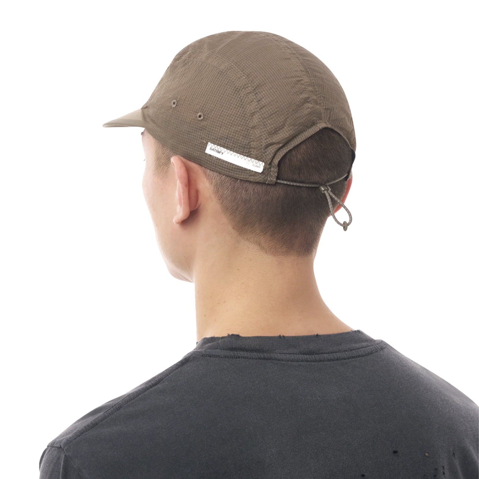 Satisfy Rippy Trail Cap Falcon back view on trail runner showing adjustable bungee cord strap with reflective loops for personalisable fit across elevation and terrain changes