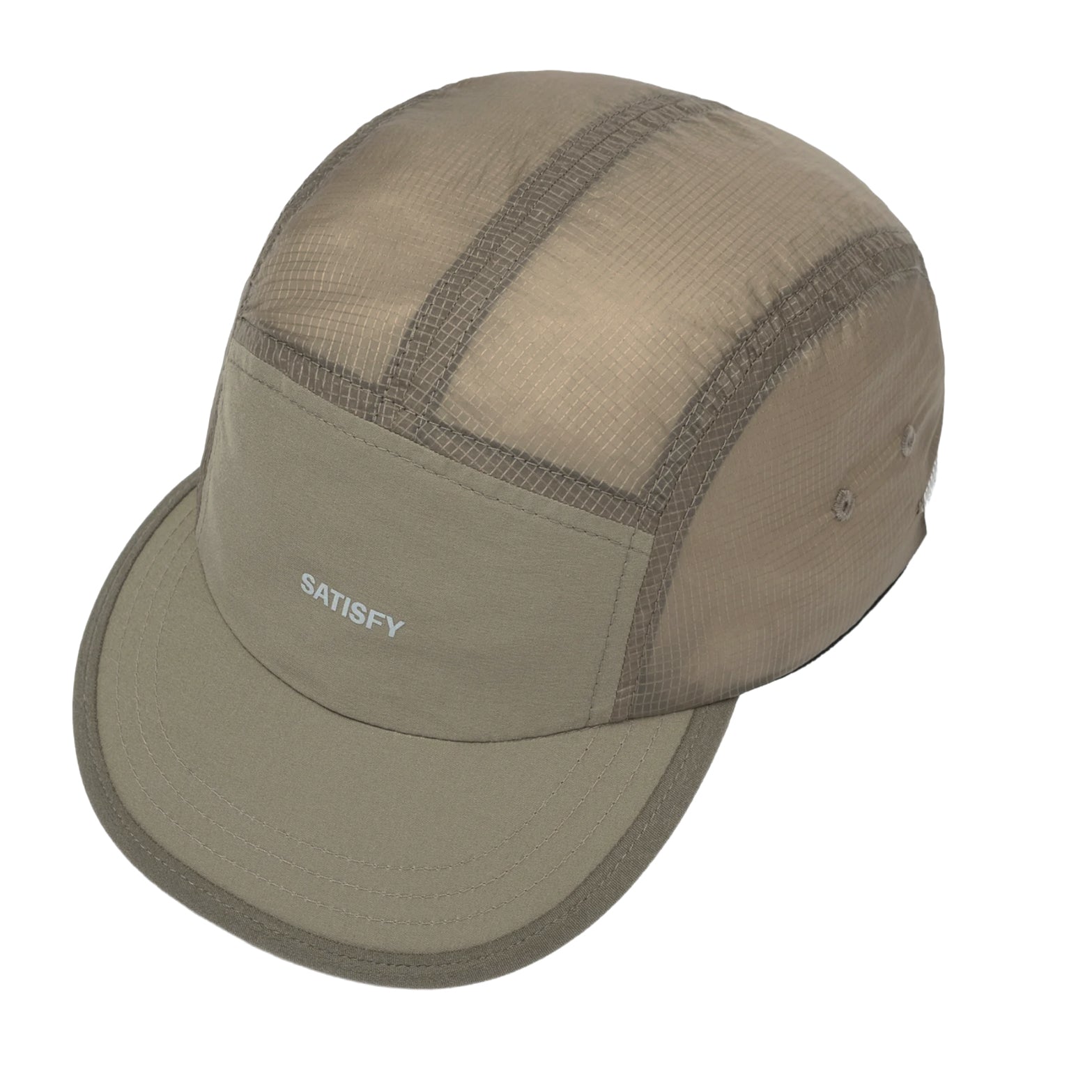 Satisfy Rippy Trail Cap Shitake side view showing 24-gram ultra-lightweight construction with Rippy ripstop crown and water-repellent fast-dry properties for trail running