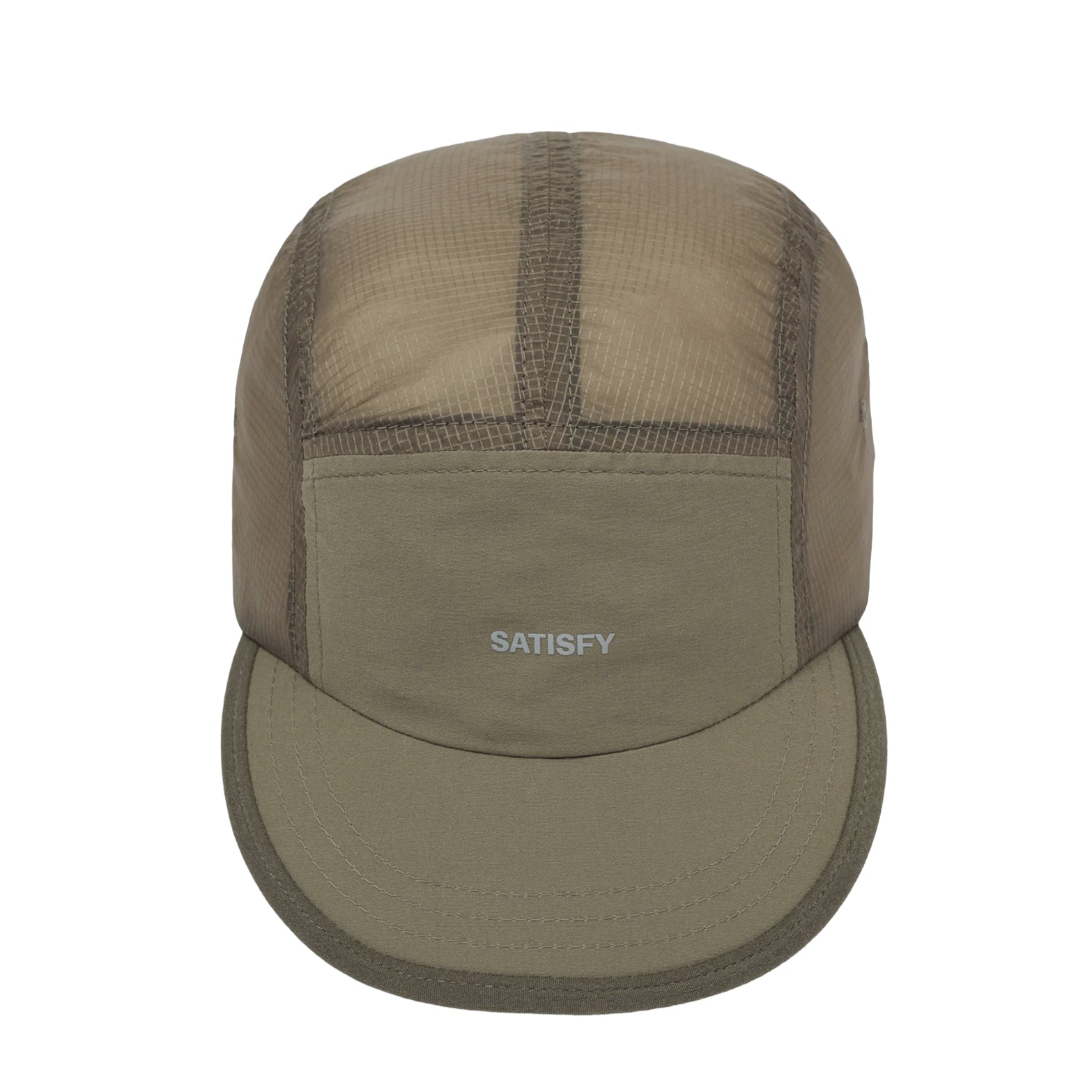 Satisfy Rippy Trail Cap Shitake front view showing Rippy Italian ripstop crown with abrasion-resistant PeaceShell front panel and short sweat-resistant brim