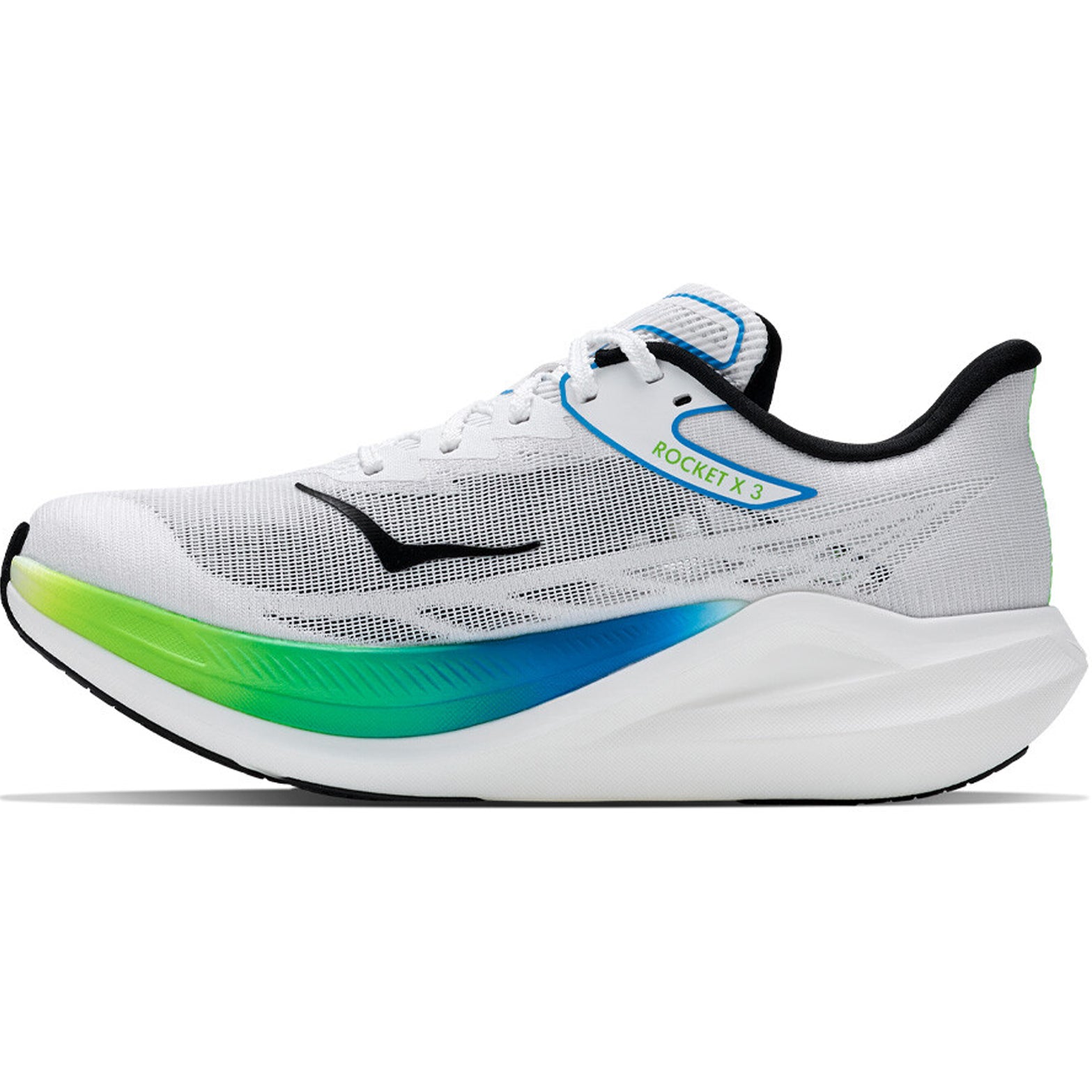 HOKA Rocket X 3 Running Shoes Frost Electric Lime inner side view showing carbon plate technology with PEBA foam cushioning for explosive energy return during racing