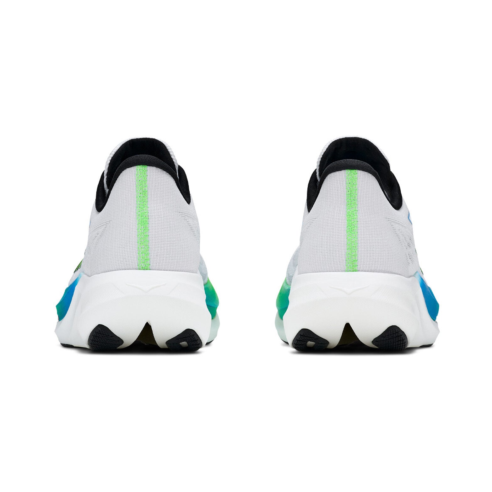 HOKA Rocket X 3 Running Shoes Frost Electric Lime heel view showing dual-density PEBA foam with carbon fibre plate and streamlined collar for supportive race day performance