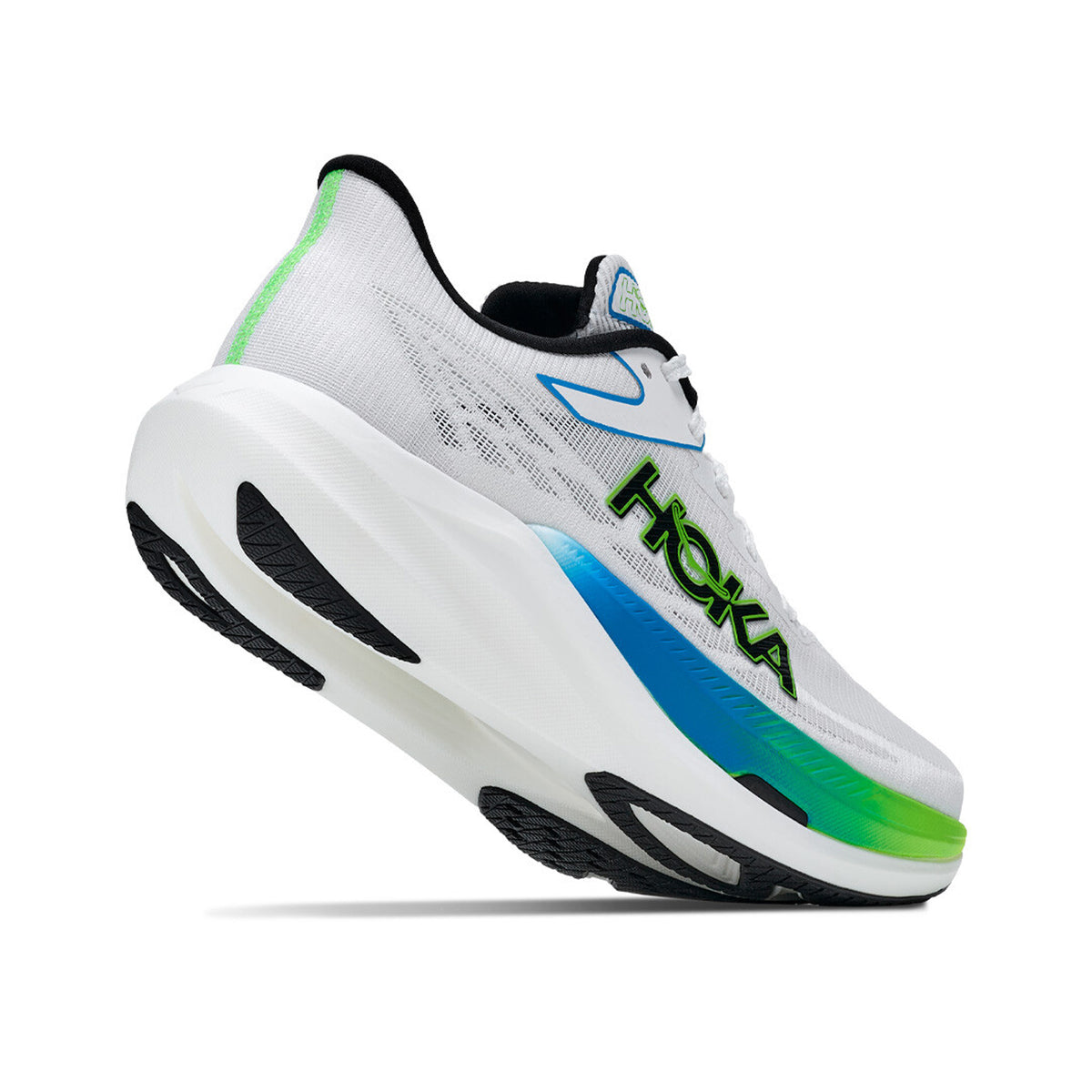 HOKA Rocket X 3 Running Shoes Frost Electric Lime angled side and heel view showing carbon fibre plate with winglets, dual-density PEBA foam and sticky rubber outsole for responsive race day propulsion from 10K to marathon