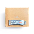 A brown box labeled “SAP40 Energy Gel - Box of 10” by SAP, featuring a balanced glucose fructose ratio and containing 40g of carbs, with a single silver SAP40 energy gel displayed in front of the box on a white background.