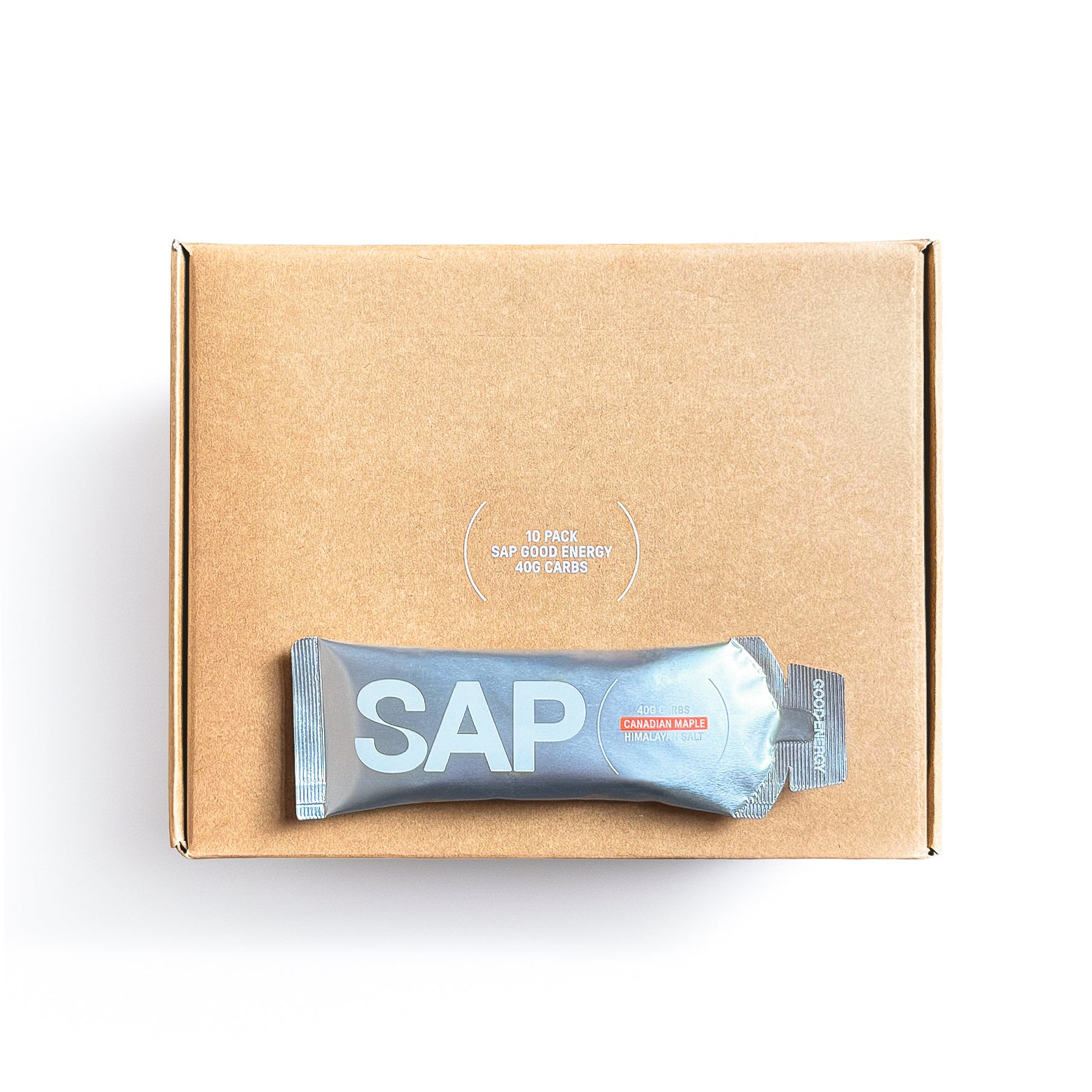 A brown box labeled “SAP40 Energy Gel - Box of 10” by SAP, featuring a balanced glucose fructose ratio and containing 40g of carbs, with a single silver SAP40 energy gel displayed in front of the box on a white background.