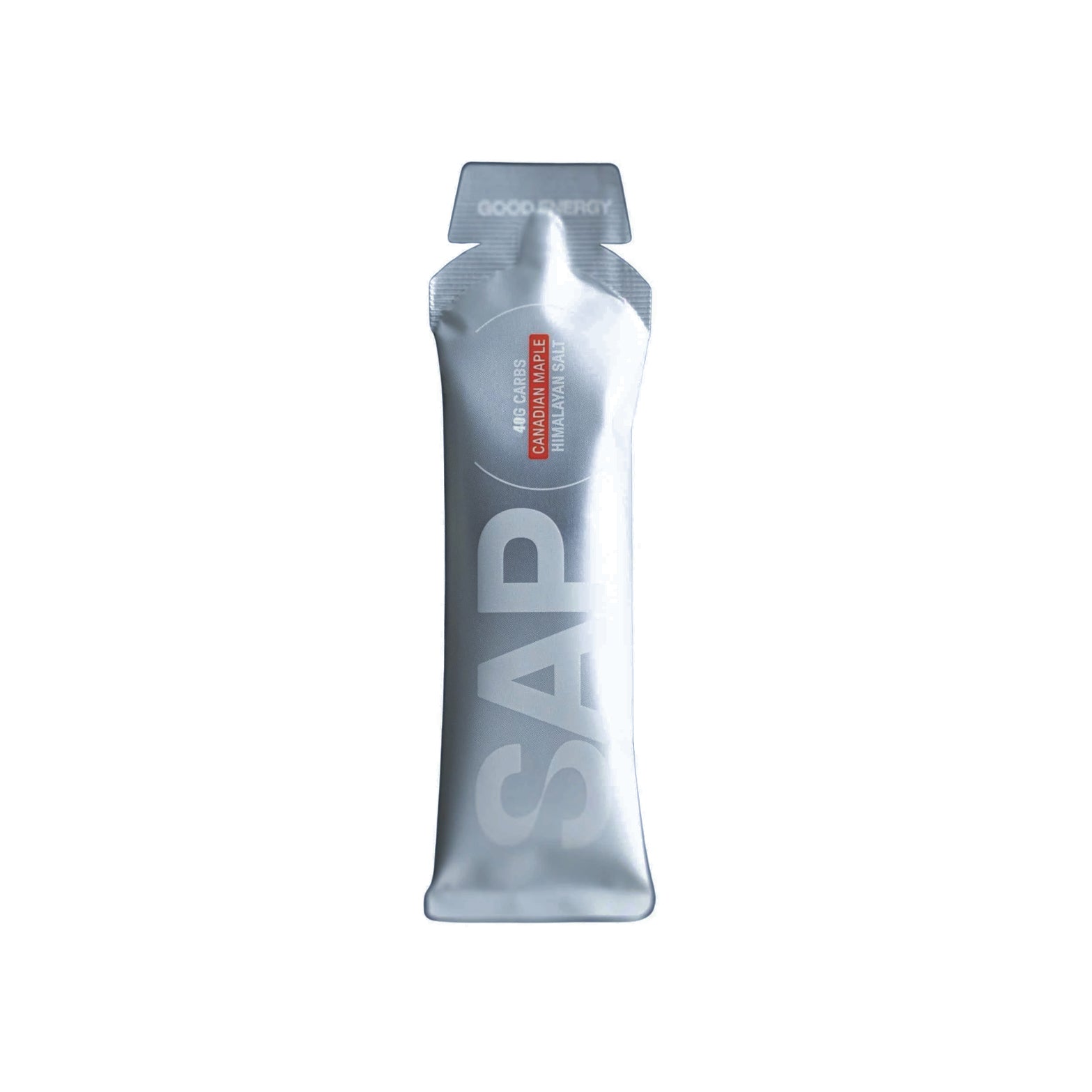A SAP40 Energy Gel - Single Gel from SAP, shown in a silver packet labeled “SAP” with a red square containing small text and “GOOD ENERGY” at the top, is displayed against a white background. This energy gel provides sustained endurance with maple syrup fuel and features a 50:50 carbohydrate ratio.