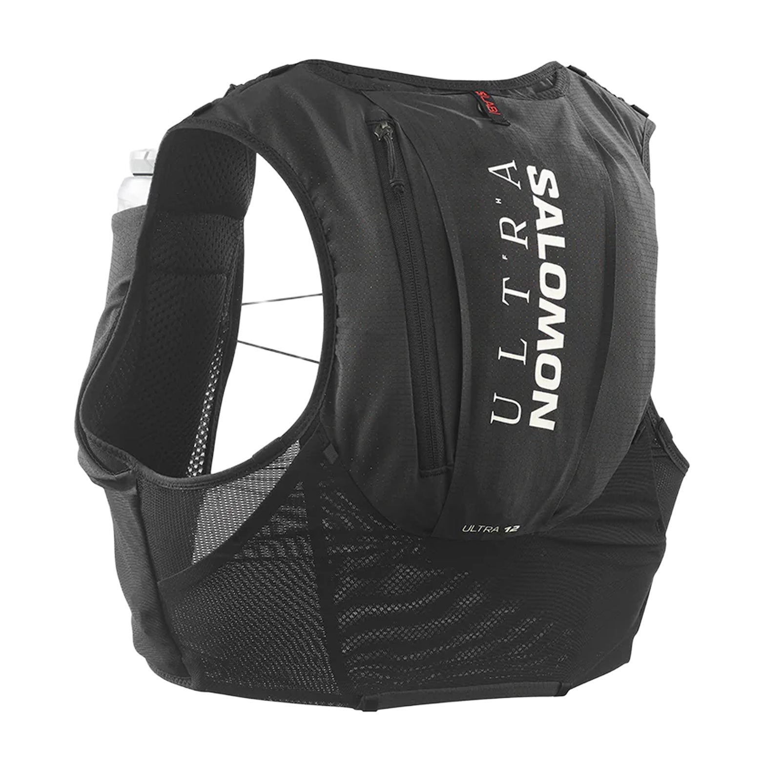Salomon S/LAB Ultra 12 Set Running Vest Black back view showing 12L tunnel pocket storage and seamless ultralight construction