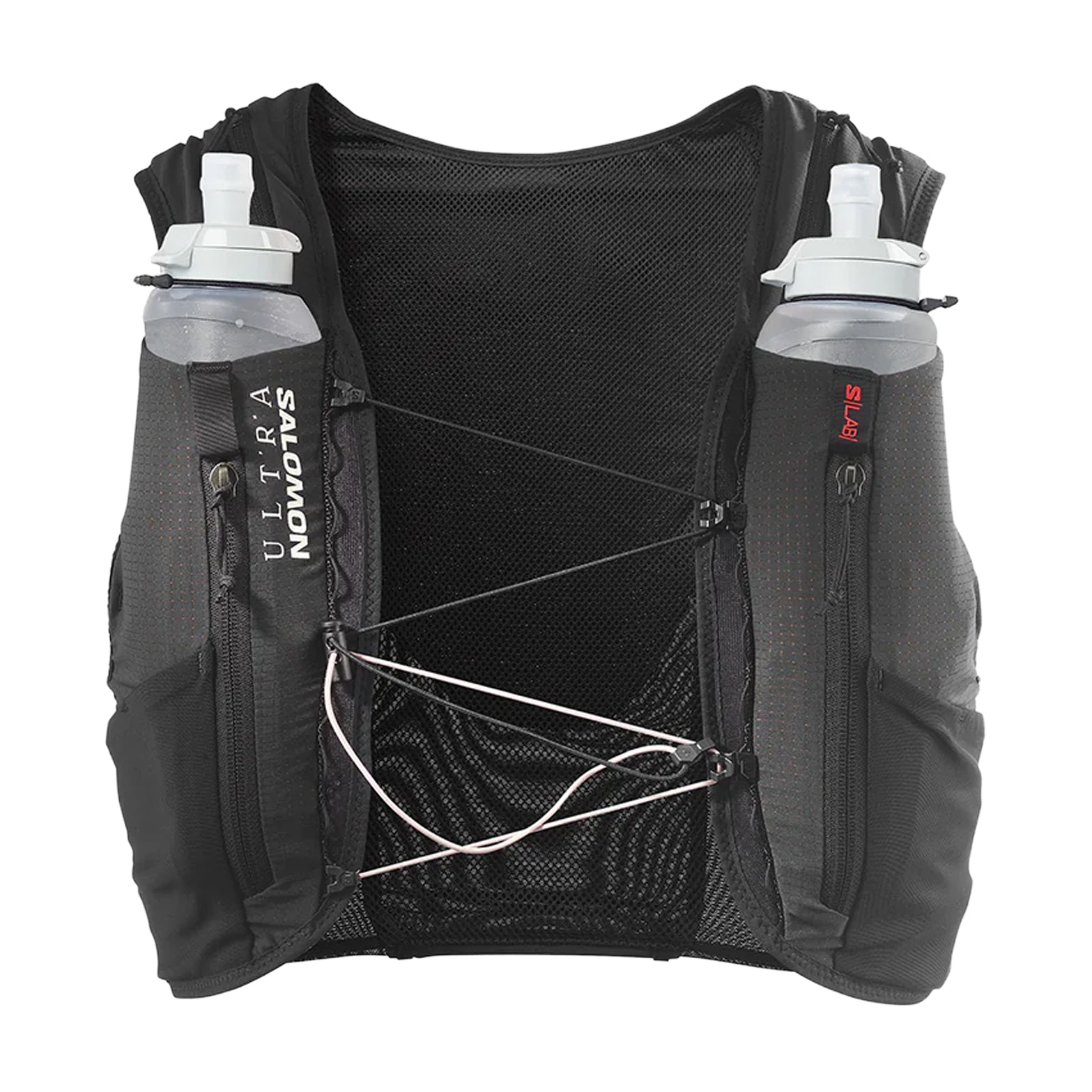 Salomon S/LAB Ultra 12 Set Running Vest Black front view showing dual 500ml soft flask pouches and Quick Link adjustment system