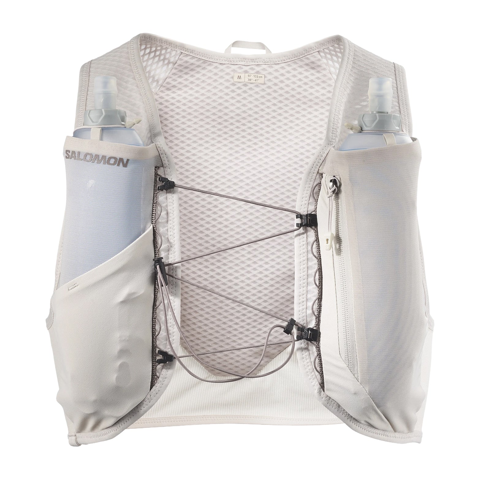Salomon GRVL Skin 4 Set Running Vest Silver Cloud Iron front view showing dual soft flask pouches and Quick Link adjustment system