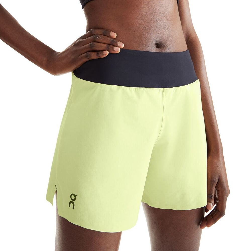 On Women's 5 Inch Running Shorts Hay / Black - achilles heel