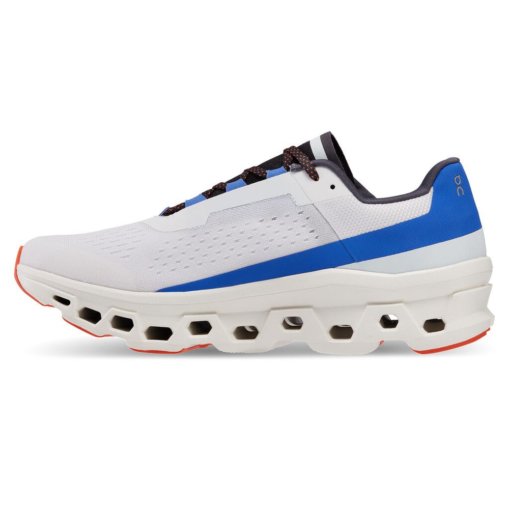 On Women's Cloudmonster Running Shoes Frost / Cobalt - achilles heel