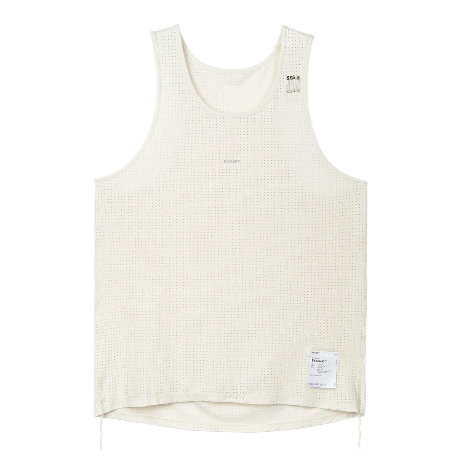 Satisfy Space-O™ Singlet in Chalk — front product shot showing race-cut silhouette, laser punch-out perforated micro jersey shell and stealth-reflective Satisfy logo