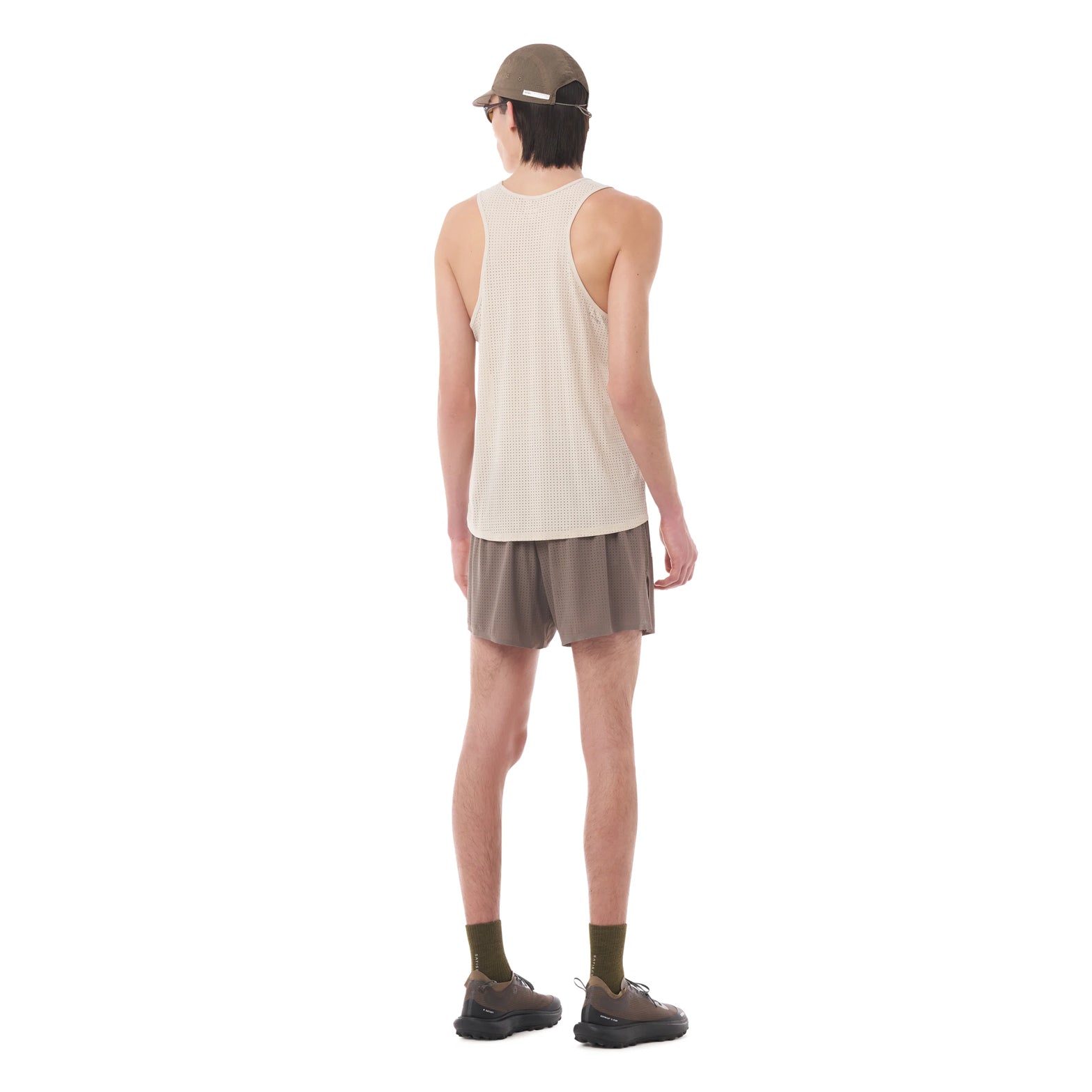 Satisfy Space-O™ Singlet in Chalk — back view worn on model showing bonded seam construction and Space-O™ perforated micro jersey fit across the shoulders and back