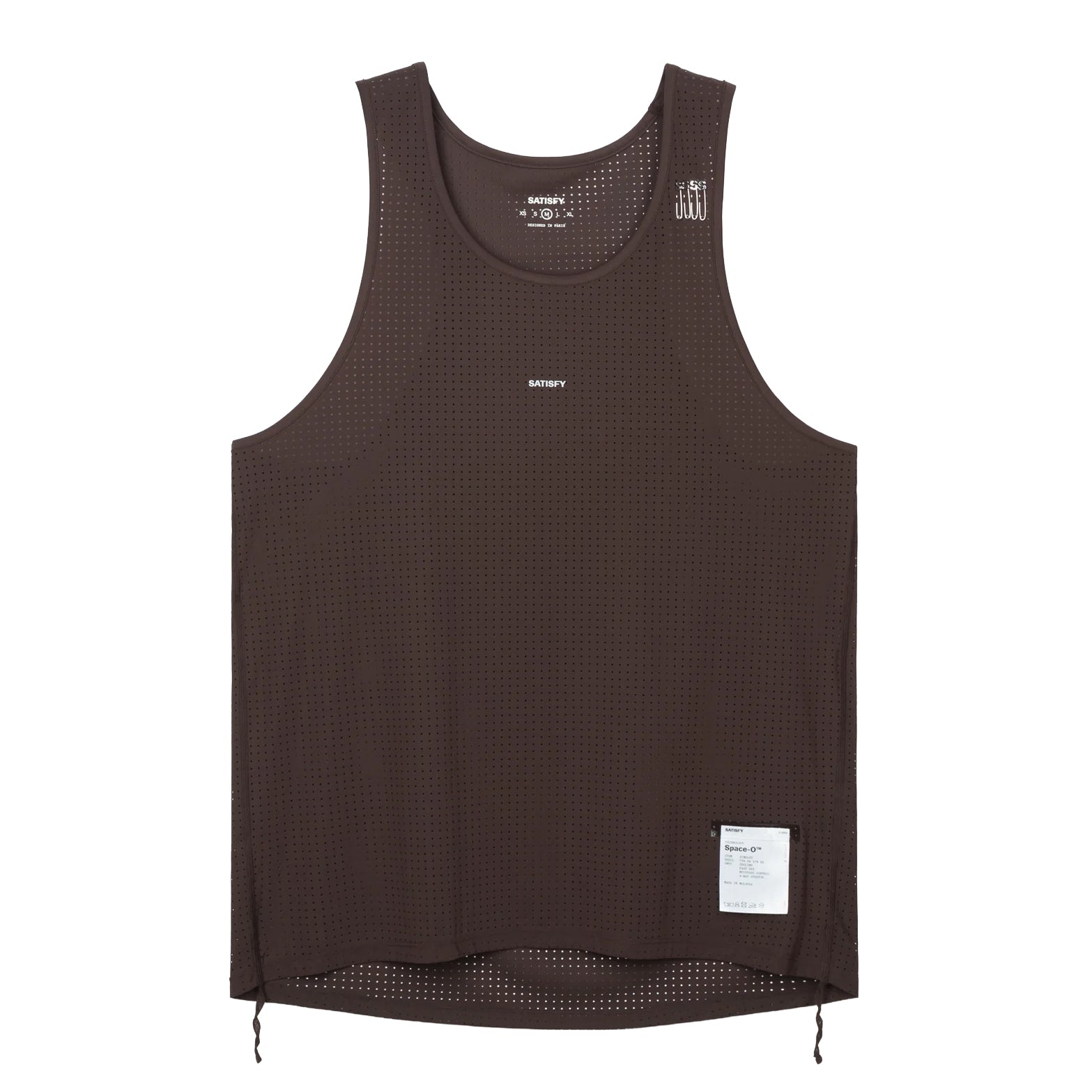 Satisfy Space-O™ Singlet in Deep Mahogany — front product shot showing race-cut silhouette, laser punch-out perforated micro jersey shell and stealth-reflective Satisfy logo