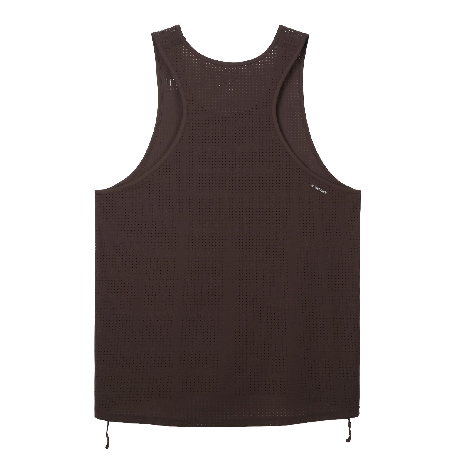 Satisfy Space-O™ Singlet in Mahogany — back product shot showing bonded seam construction, race-cut silhouette and laser punch-out perforated Space-O™ micro jersey shell