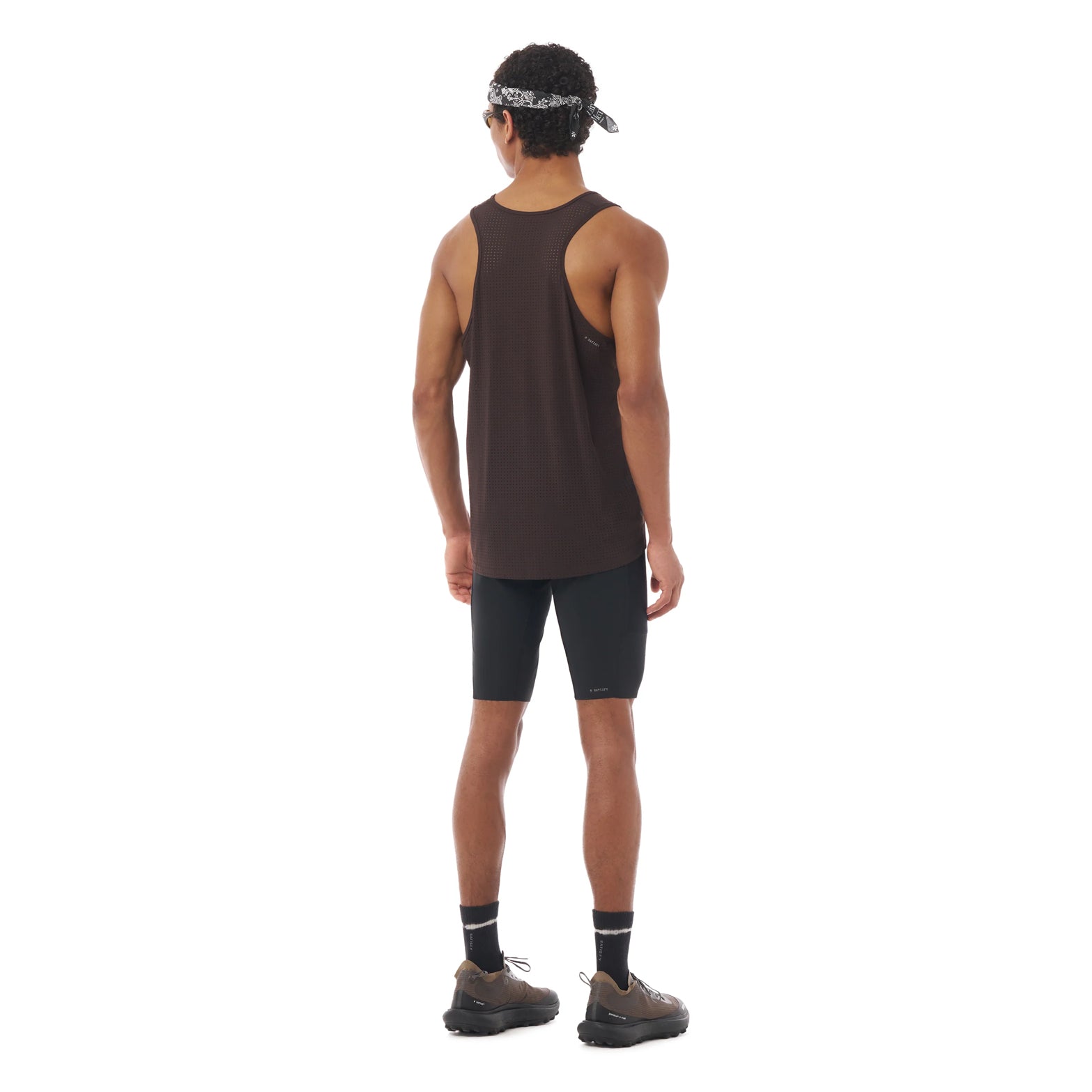 Satisfy Space-O™ Singlet in Deep Mahogany — back view worn on model showing bonded seam construction and Space-O™ perforated micro jersey fit across the shoulders and back