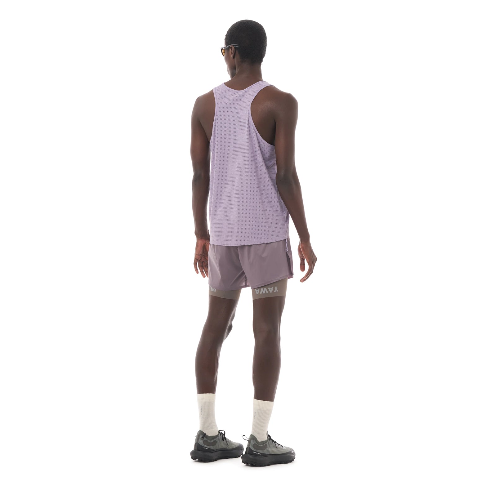 Satisfy Space-O™ Singlet in Dusk — back view worn on model showing bonded seam construction and Space-O™ perforated micro jersey fit across the shoulders and back