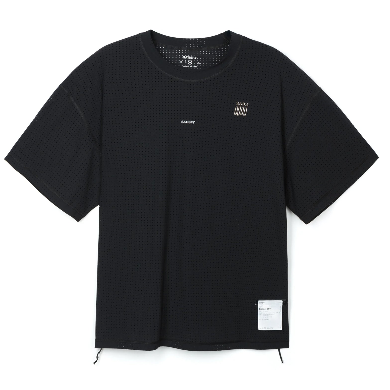 Satisfy Space-O Tee Black front product view showing 120-gram Space-O Italian micro jersey with precision punched openings and reflective SATISFY print