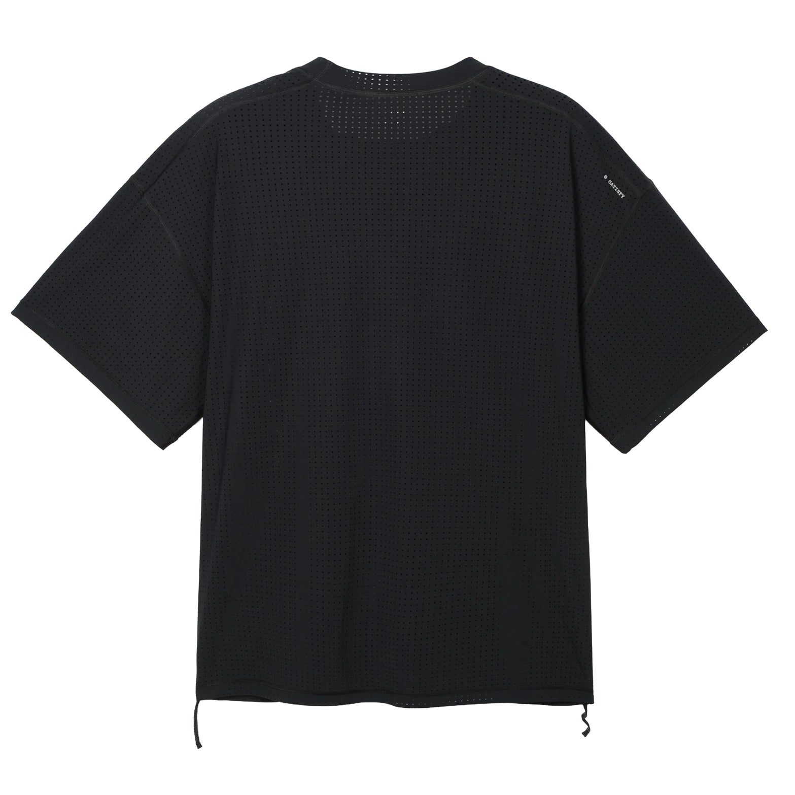Satisfy Space-O Tee Black back view showing ultra-breathable perforated construction with stealth-reflective logo and flat seam design