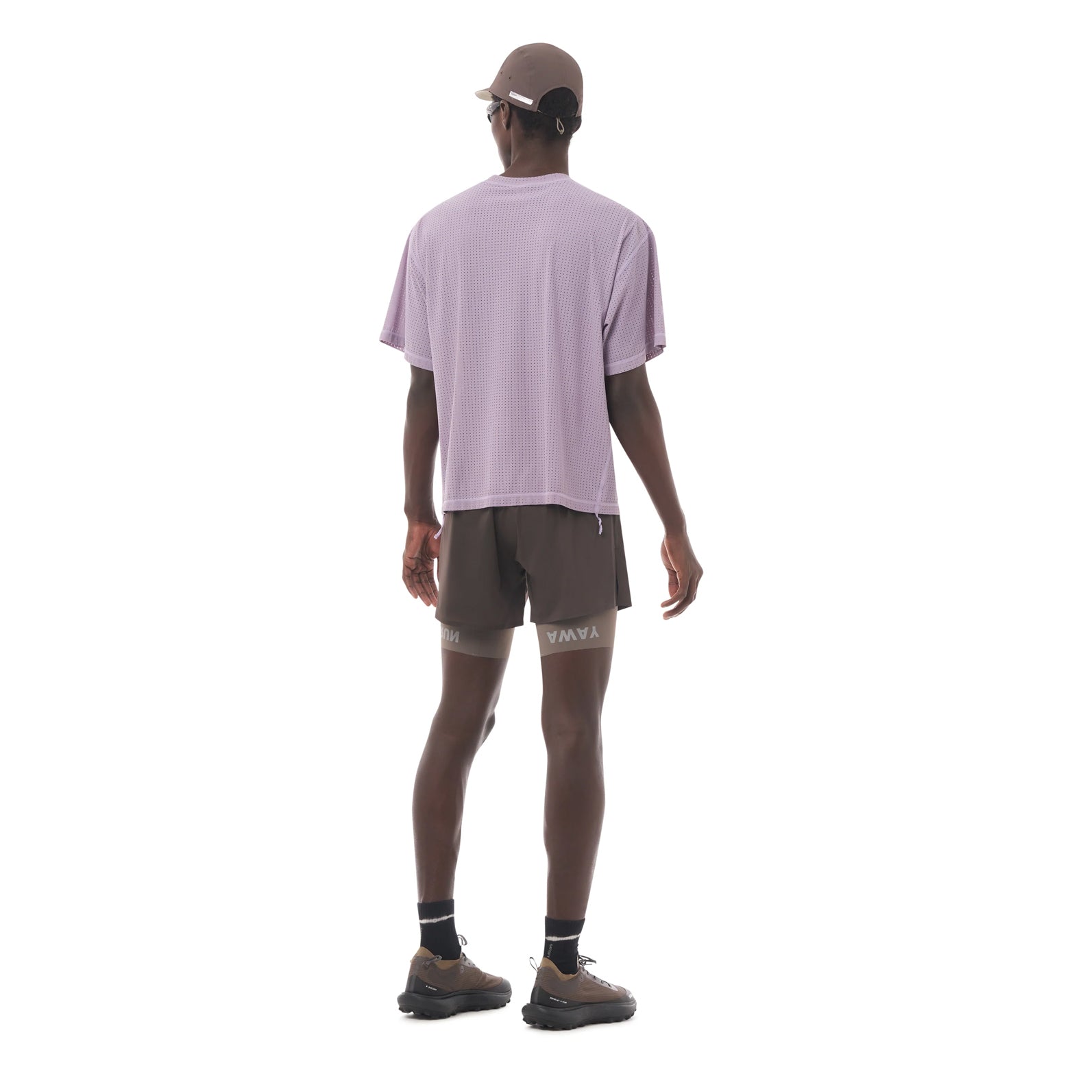 Satisfy Space-O Tee Dusk full body back view on male runner showing ultra-breathable fast-drying fabric with stealth-reflective logo for low-light visibility