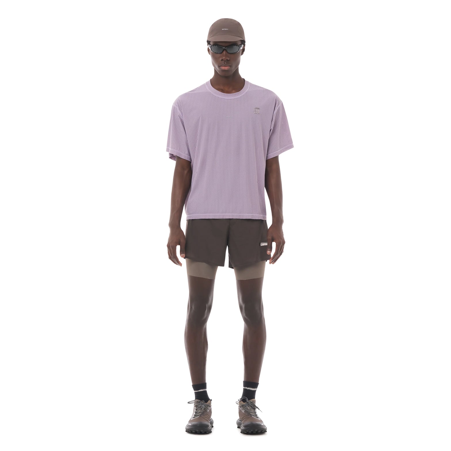 Satisfy Space-O Tee Dusk full body front view on male runner showing regular fit with precision-punched Space-O micro jersey and four-way stretch construction
