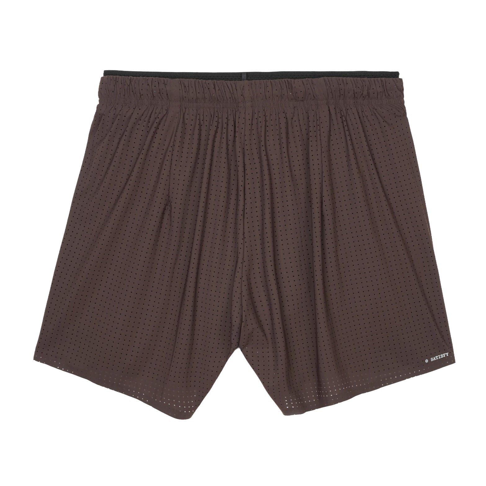 Satisfy Space-O™ 5 Inch Distance Shorts in Deep Mahogany — back product shot showing bonded seam construction, two discreet back gel slots and laser punch-out perforated Space-O™ micro jersey shell
